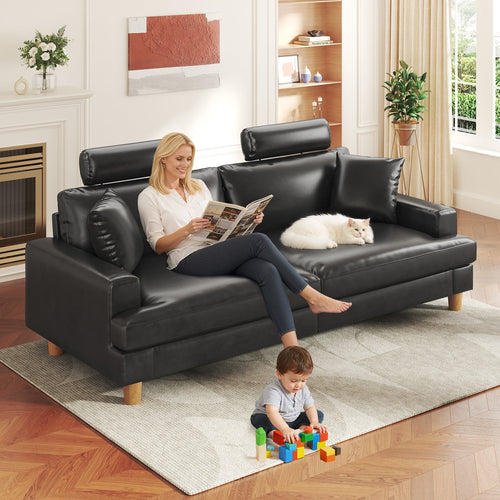 87 Sofa Premium PU Leather Couch with Headrest, Comfy 27 Extra Deep Seat 3 Seater Sofa for Living Room, Includes 2 Pillows, Black