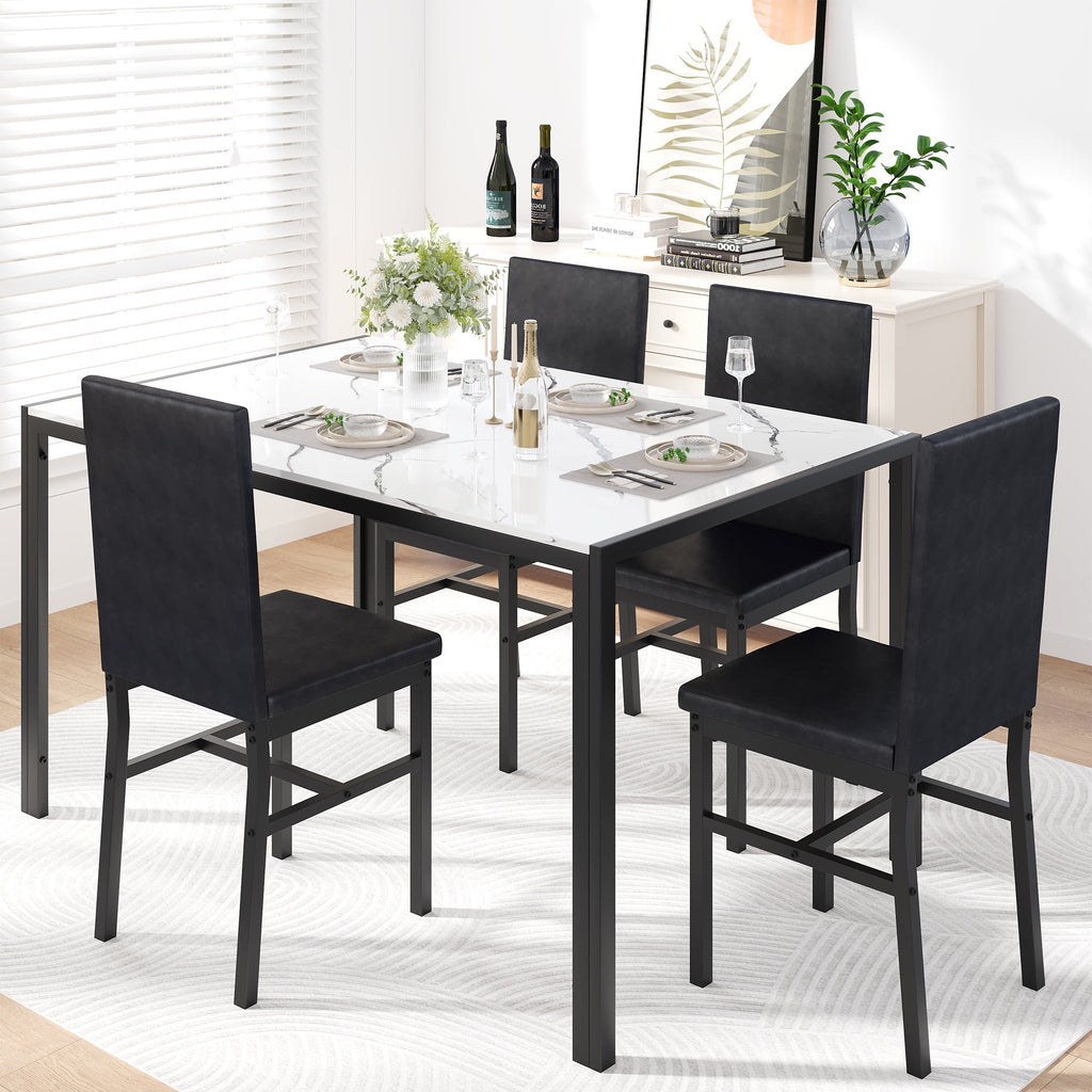 UHOMEPRO Dining Table Set for 4, 5 Piece Dining Room Table Set with Gray Velvet Upholstered Chairs, White Faux Marble Pattern Rectangle Kitchen Table Set for Breakfast Nook Small Space