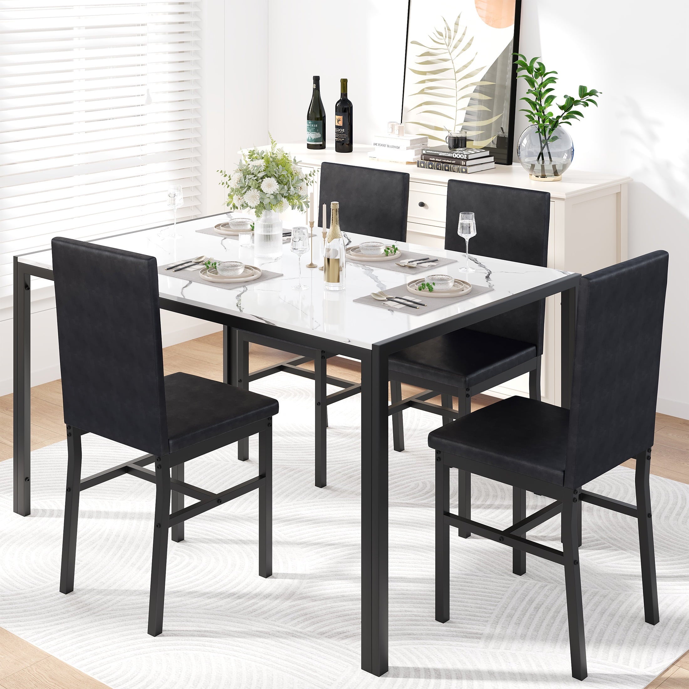 UHOMEPRO Dining Table Set for 4, 5 Piece Dining Room Table Set with Gray Velvet Upholstered Chairs, White Faux Marble Pattern Rectangle Kitchen Table Set for Breakfast Nook Small Space