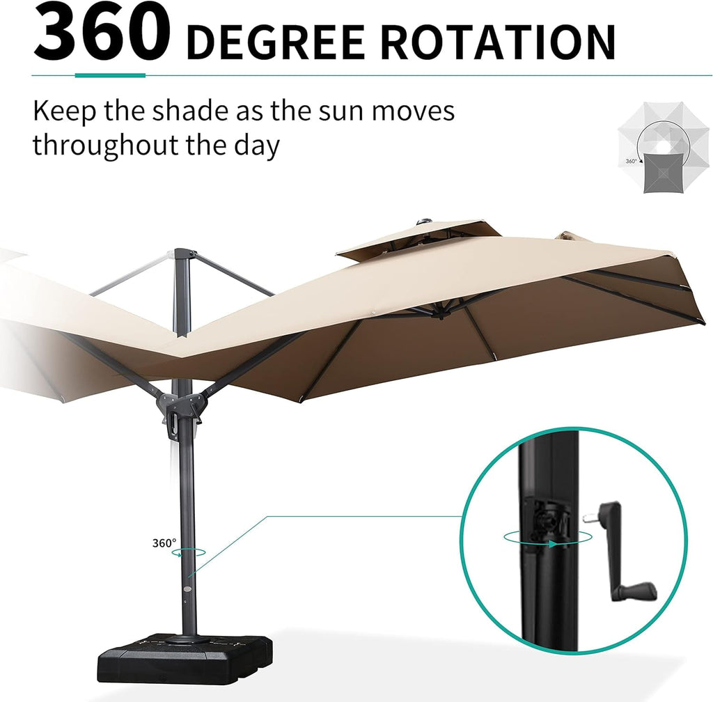 PURPLE LEAF Cantilever Umbrellas 12FT Square Large Patio Umbrella Offset Umbrella with 360°Rotation Tilting And Hanging Double Top, Grey