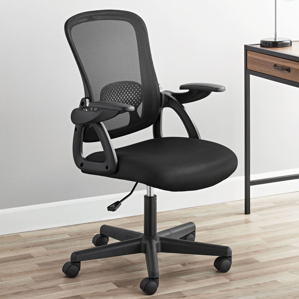 (3 pack) Mainstays Ergonomic Mesh Back Office Chair with Flip Up Arms for Adults, Black Fabric, 275lb