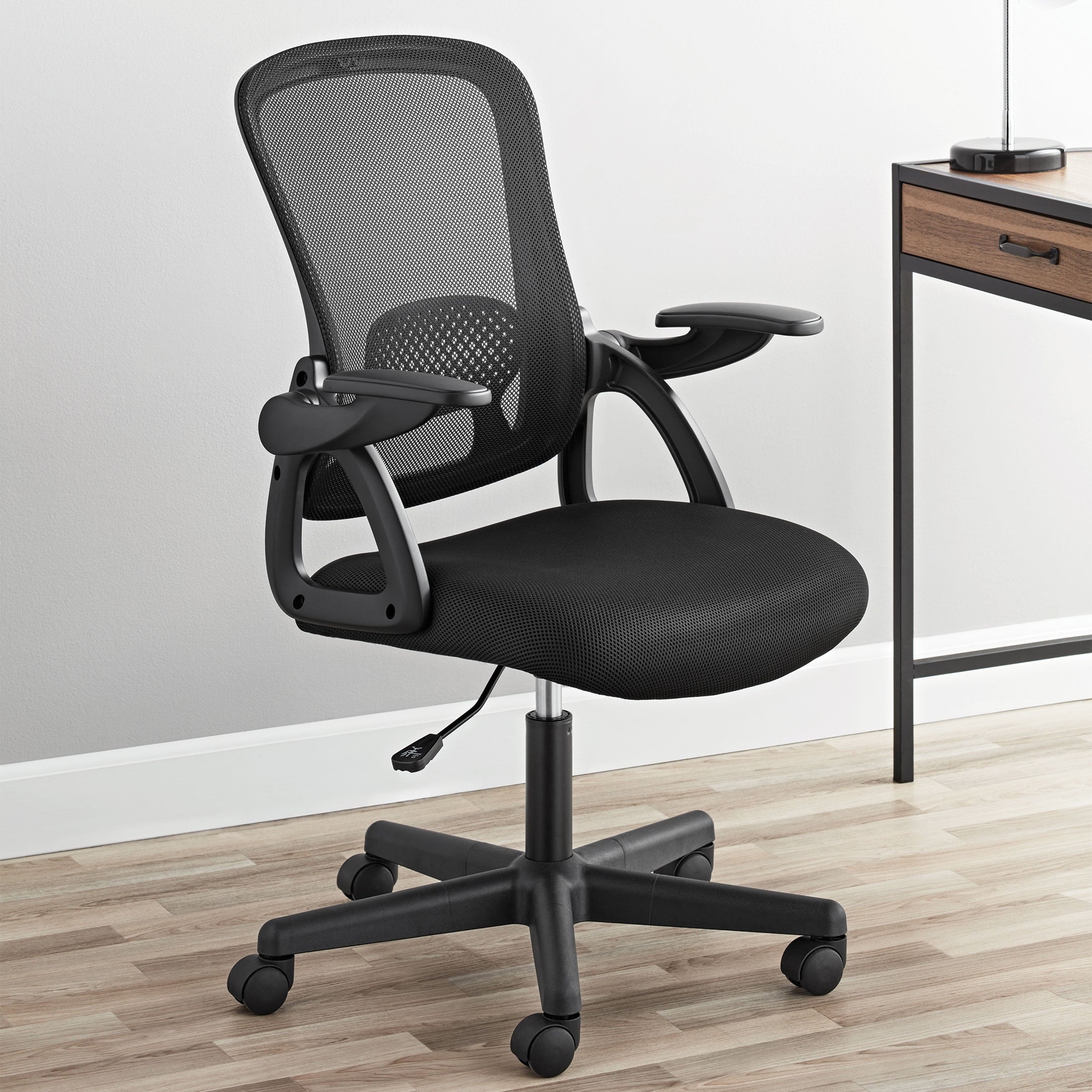 (3 pack) Mainstays Ergonomic Mesh Back Office Chair with Flip Up Arms for Adults, Black Fabric, 275lb