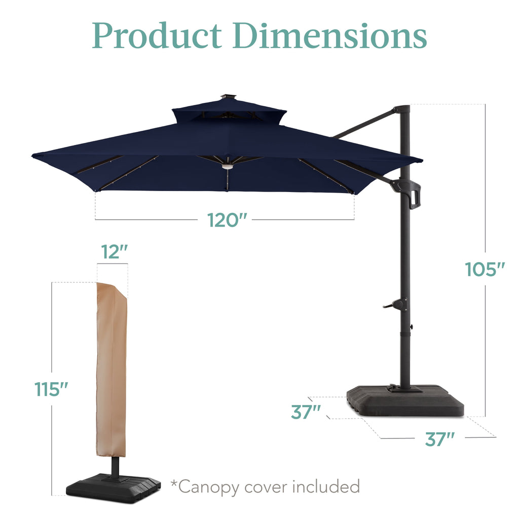 Best Choice Products 10x10ft 2-Tier Square Outdoor Solar LED Cantilever Patio Umbrella w/ Base Included - Tan