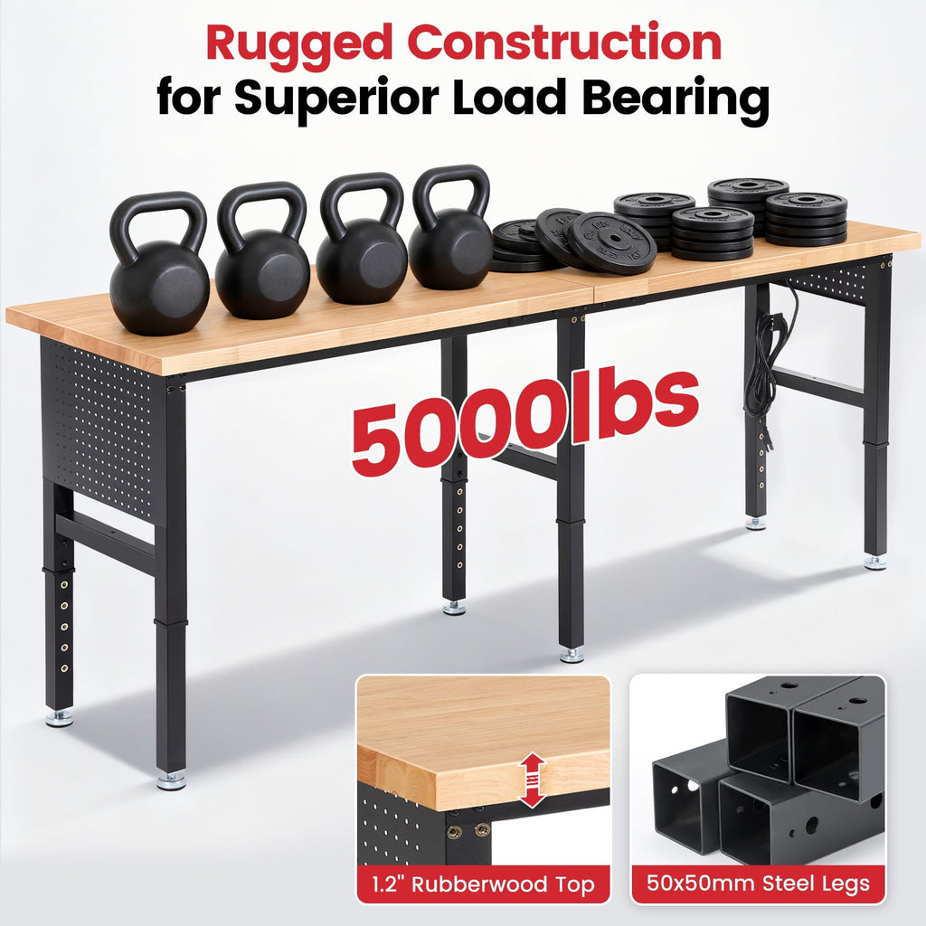 Workbench for Garage,ENJOYWOOD Heavy Duty 84 inch Wood Work Bench with Power Outlets and Peoboards,Rubber Wood Tabletop,5000 LBS Load Bearing Workstation Garage Desk Work Table