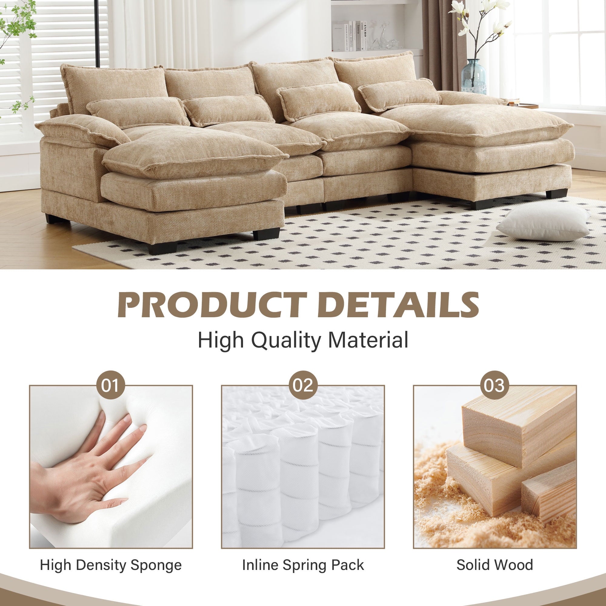 JONPONY109.45 U Shaped Couch,Oversized 4 Seat Sectional with 4 Waist Pillows, Convertible Upholstery Symmetrical Sofá,Sleeper Sofa Couch with Double Chaise Lounge &Memory Foam for Living Room, Beige