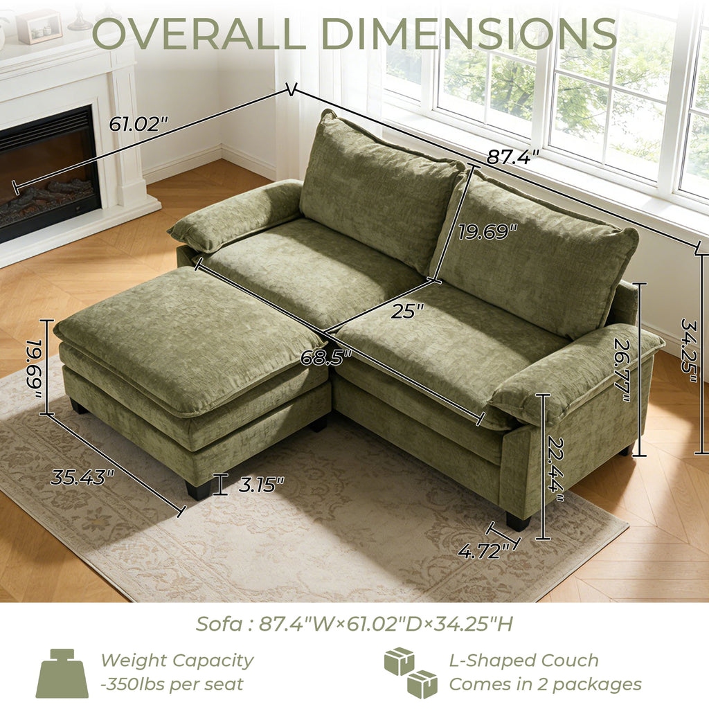 Ktaxon Sectional Sofa L Shaped Couch with Chaise Living Room Sleeper Set, 2 Seats with Chenille and Double Layer Cushions 86 W Beige