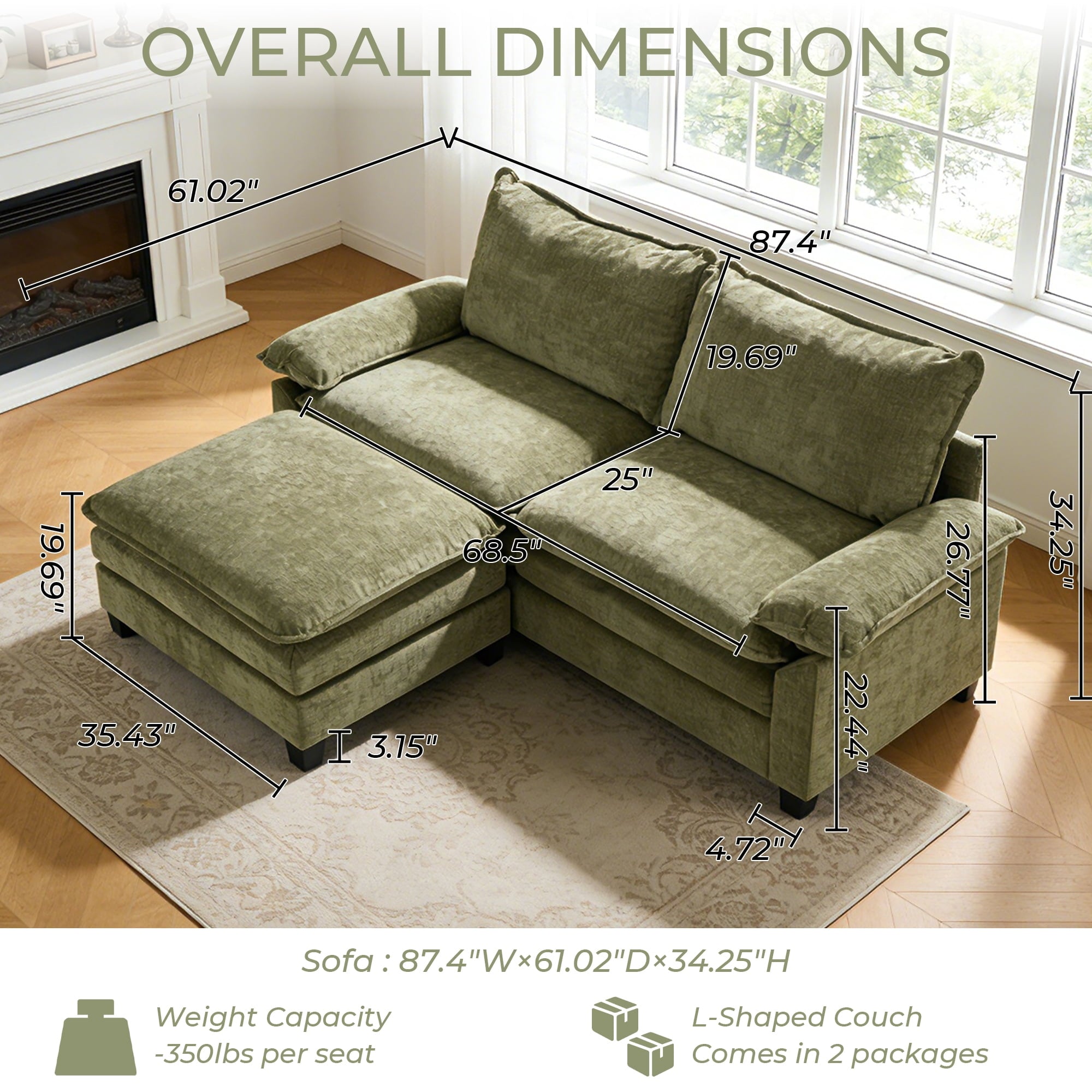 Ktaxon Sectional Sofa L Shaped Couch with Chaise Living Room Sleeper Set, 2 Seats with Chenille and Double Layer Cushions 86 W Beige
