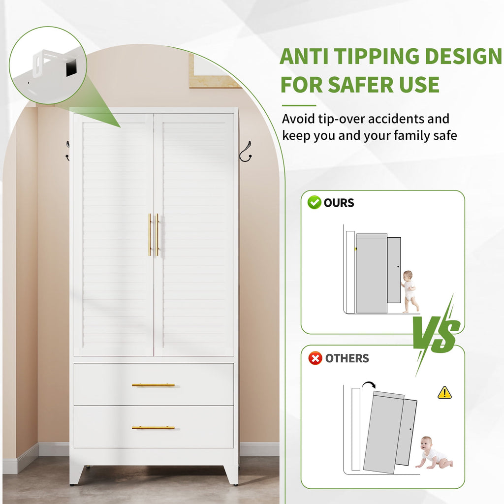 AISWORD 60 Tall Metal Wardrobe Cabinet with 1 Drawer and Hanging Rod, 2 Doors Closet with Adjustable Shelf, White