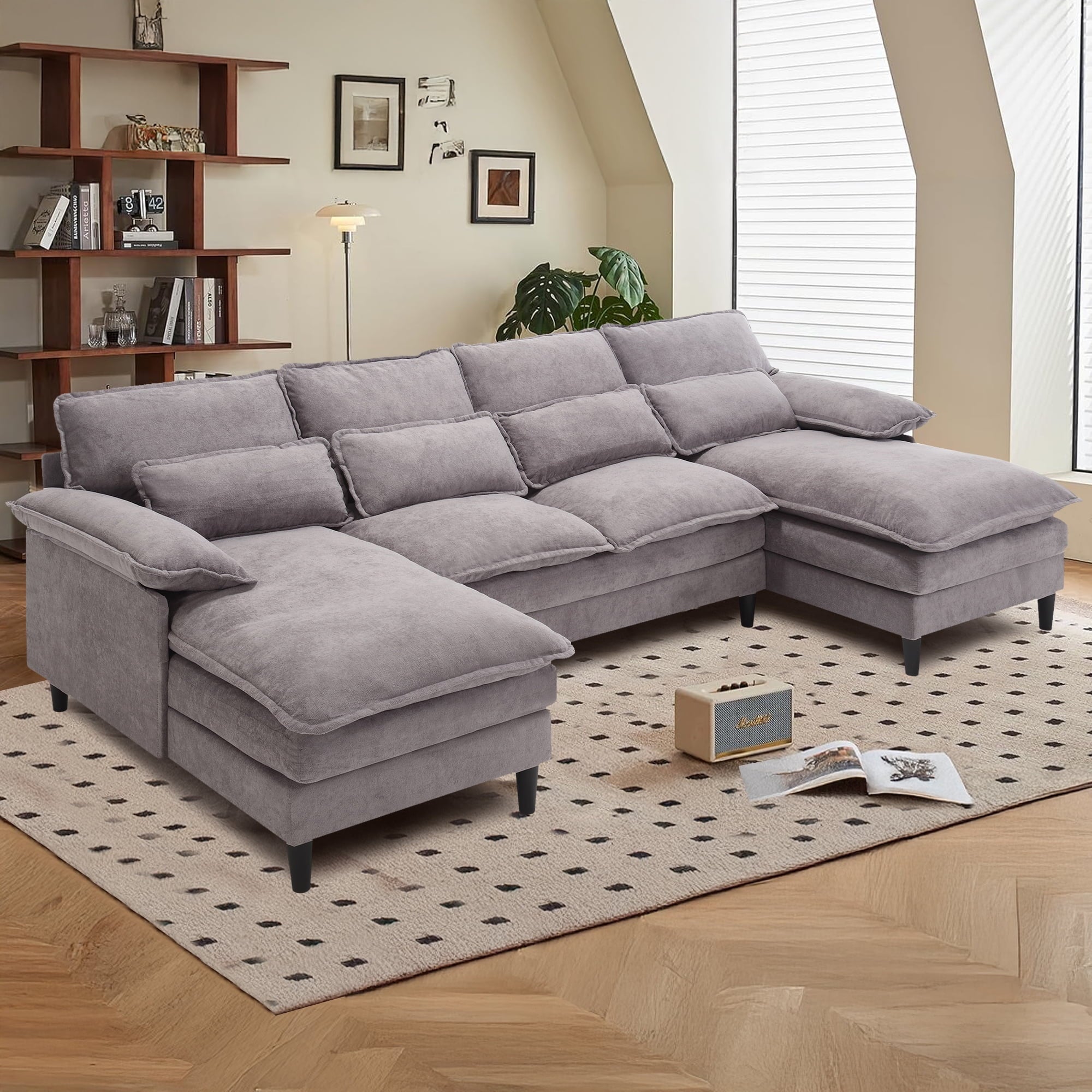 JONPONY109.45 U Shaped Couch,Oversized 4 Seat Sectional with 4 Waist Pillows, Convertible Upholstery Symmetrical Sofá,Sleeper Sofa Couch with Double Chaise Lounge &Memory Foam for Living Room, Beige