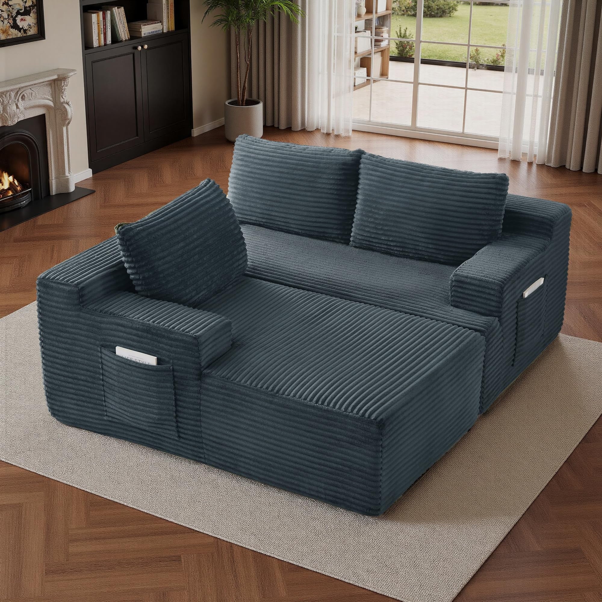 96 L-Shaped Sectional Couches for Living Room, Modular Cloud Couch with Chaise, Corduroy Deep Seat Boneless Sofa, No Assembly, Black