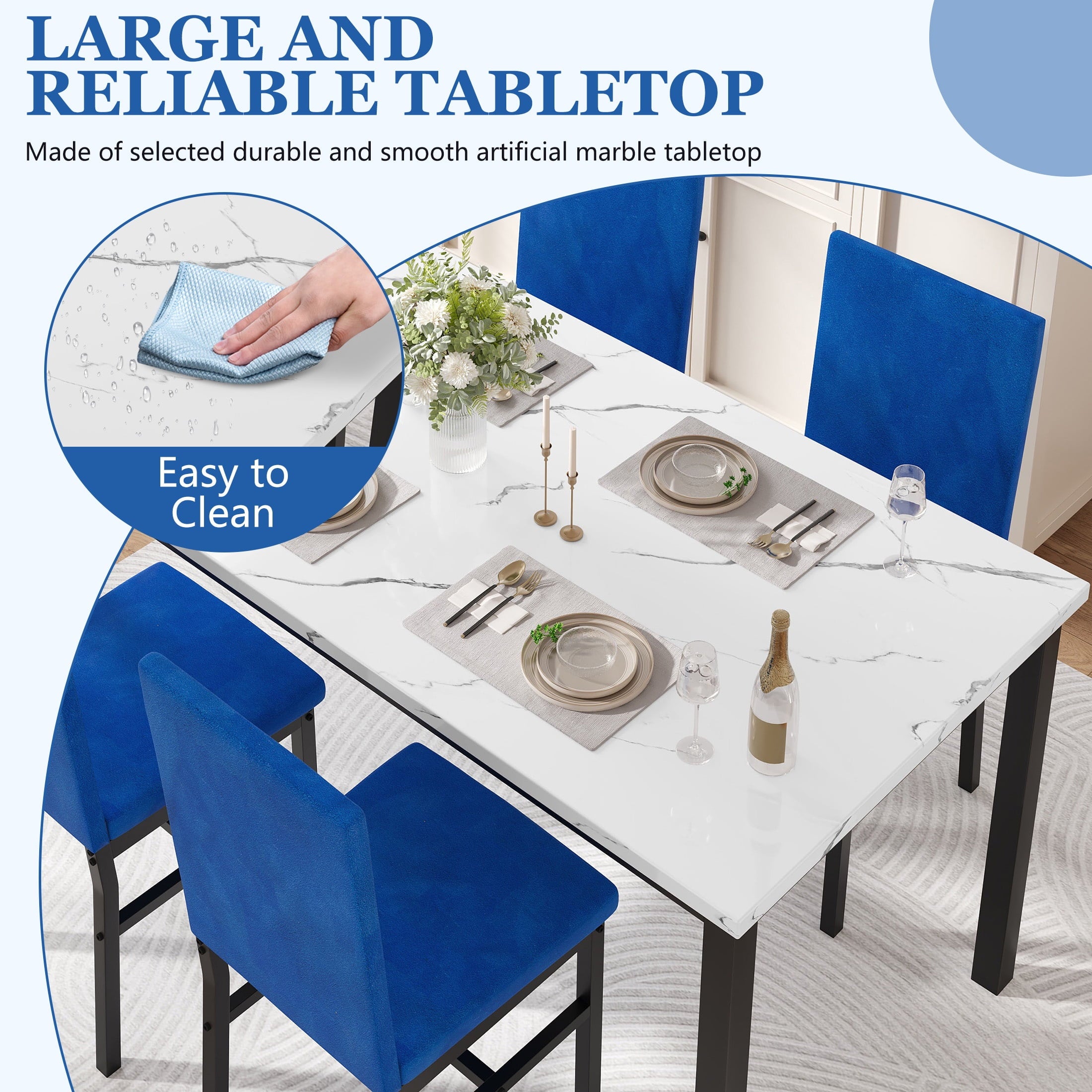 UHOMEPRO Dining Table Set for 4, 5 Piece Dining Room Table Set with Gray Velvet Upholstered Chairs, White Faux Marble Pattern Rectangle Kitchen Table Set for Breakfast Nook Small Space