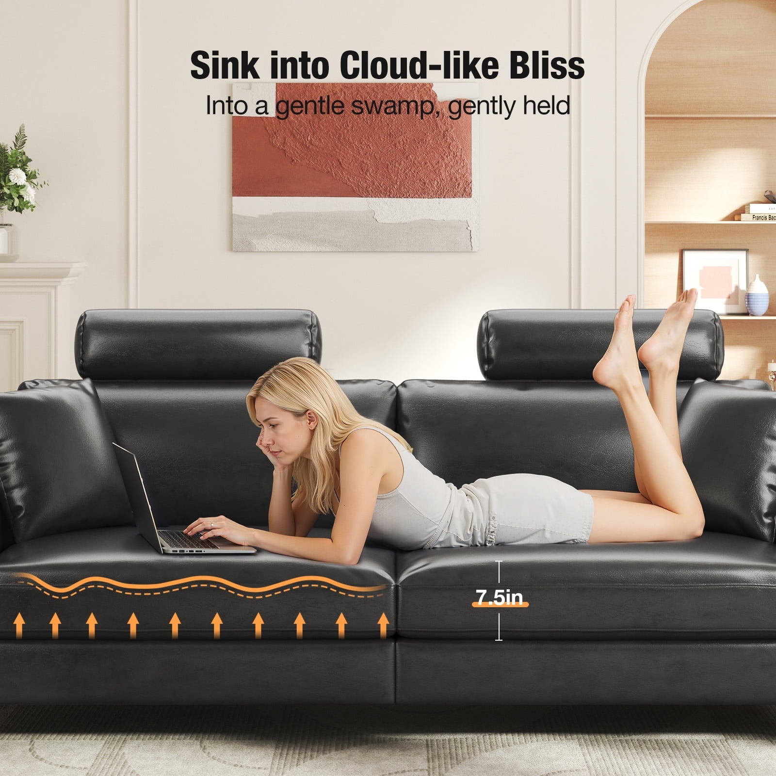 87 Sofa Premium PU Leather Couch with Headrest, Comfy 27 Extra Deep Seat 3 Seater Sofa for Living Room, Includes 2 Pillows, Black
