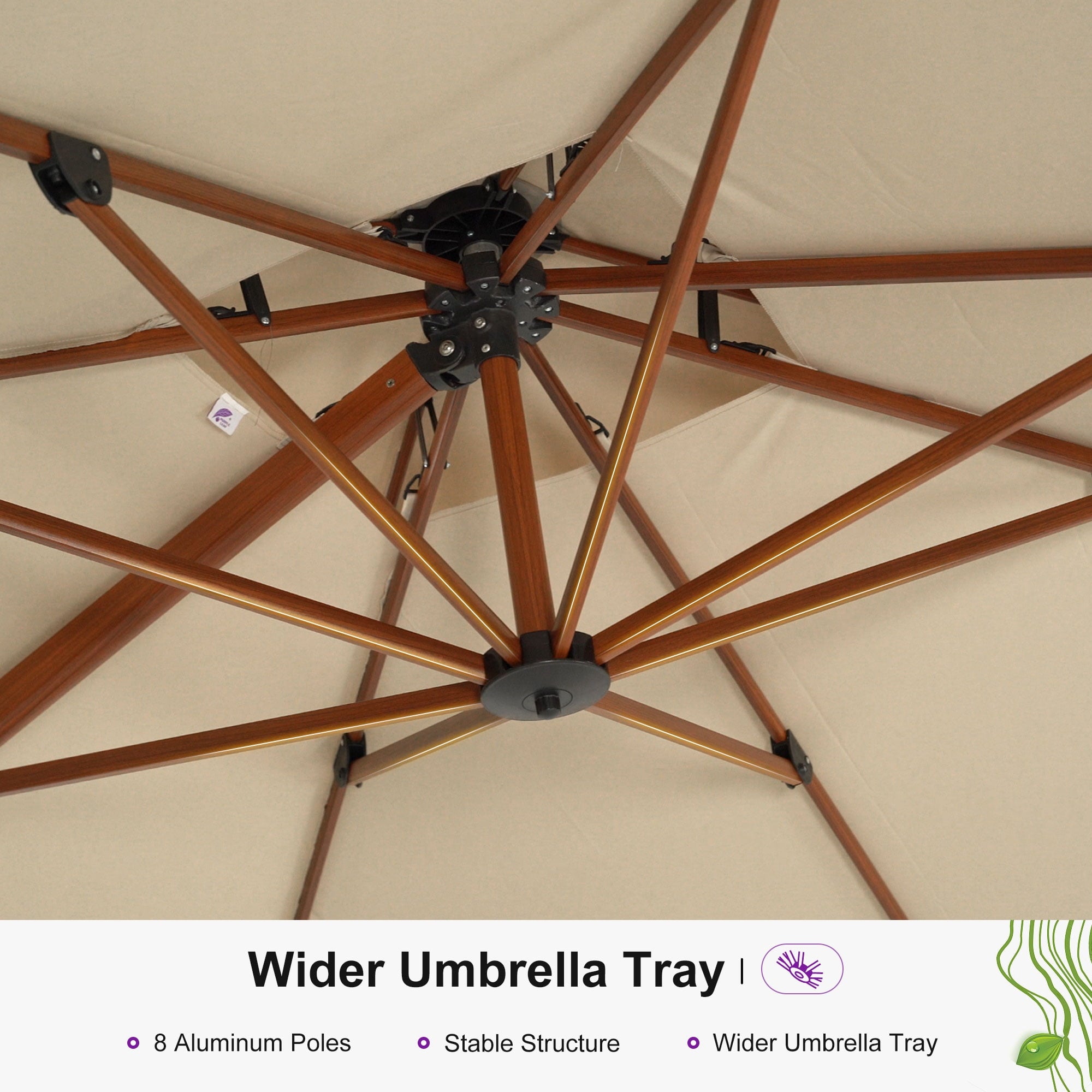 PURPLE LEAF 10FT Deluxe Square Wood Grain Patio Umbrella, Large Offset Cantilever Umbrella with 360° Rotation, Beige