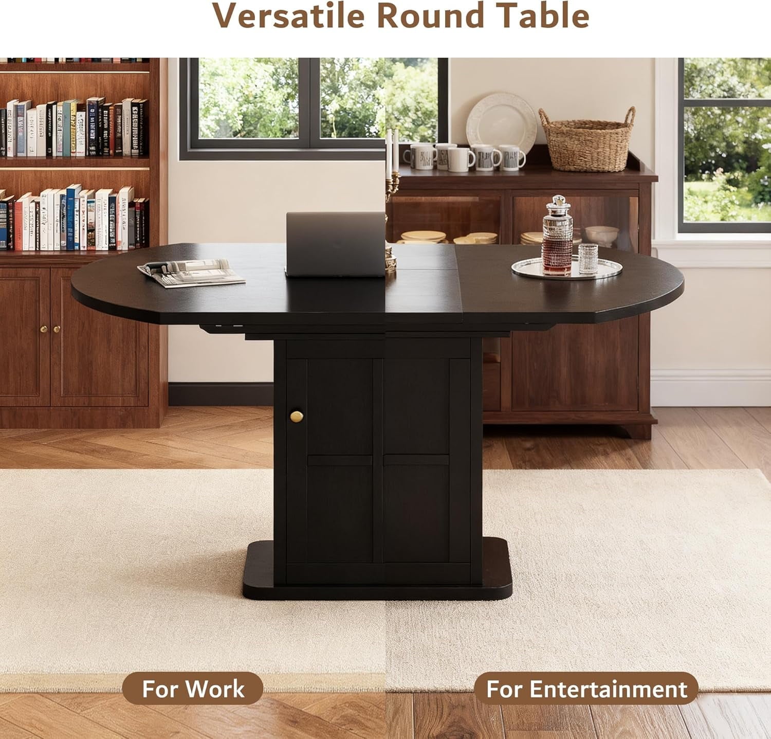 iPormis Extendable Round Dining Table for 4-6, 59'' Modern Kitchen Table with 2-Tier Storage Shelf, Wood Door, MDF Board, Space Saving Oval Dinner with Sturdy Pedestal Base, Kitchen, Dining, Natural