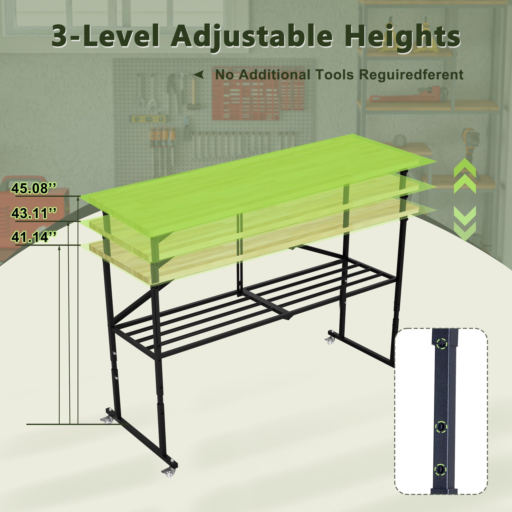 68 Folding Workbench with 1.5 Thick Hardwood Top, 2000 LBS Heavy Duty Adjustable Height Garage Work Table with Locking Wheels for Shop, Office, Crafting