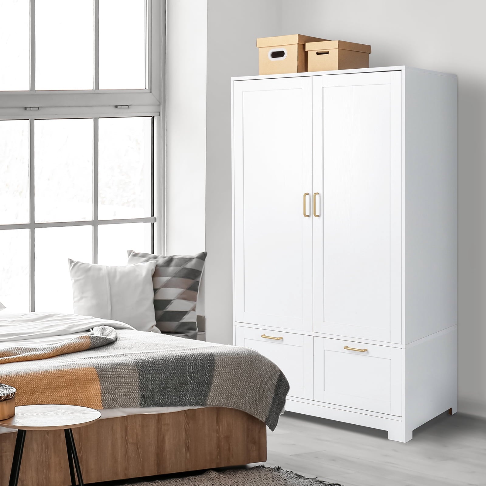 Ktaxon Wardrobe Armoire Closet with Hanging Rod, Modern Drawer & Shelf – Elegant White Finish Closet, Farmhouse to Mid-Century Style