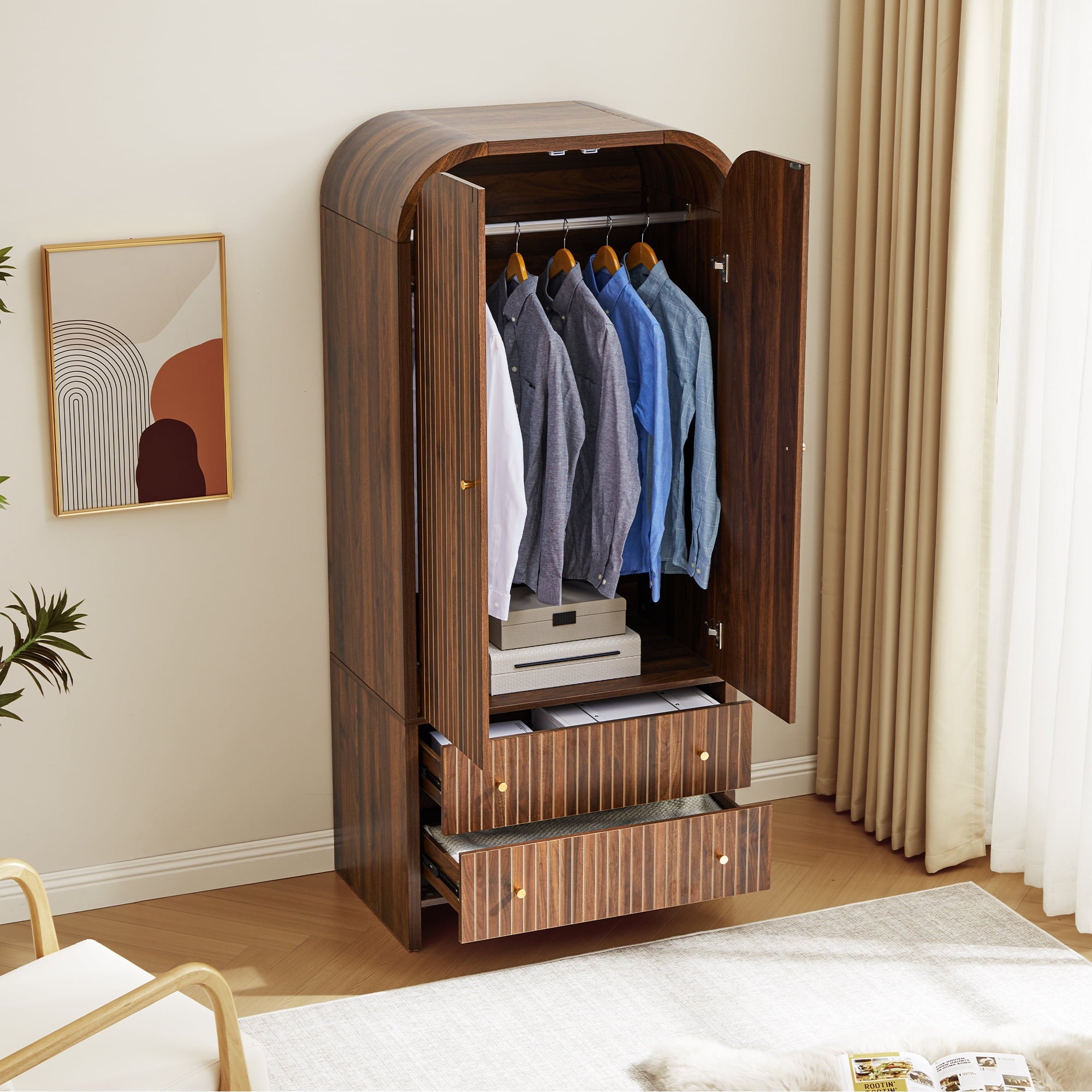 Wirrytor Freestanding Wooden Armoire Wardrobe with 2 Woven Doors and Storage Drawers, Space-Saving Closet Cabinet for Bedroom, Sturdy Mdf Board Closet with Hanging Rail