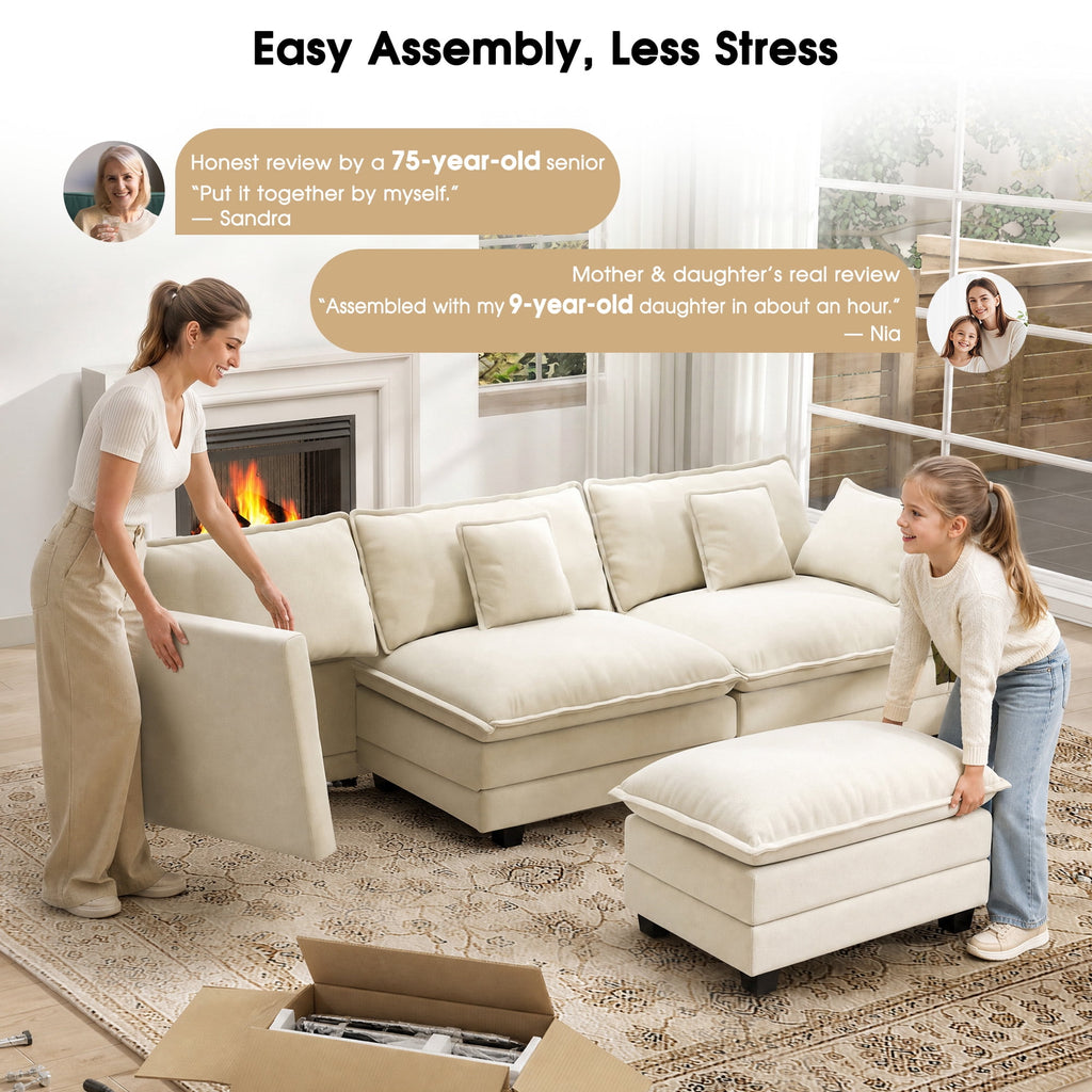 BedLuxury 111.5'' Modular Sectional Sofa with Movable Ottomans, U Shaped Cloud Couch for Living Room, 3-Seat, Beige