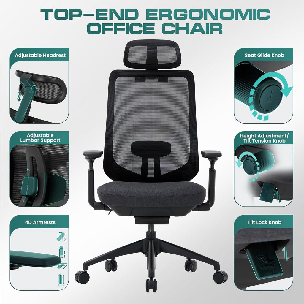 COLAMY ATLAS-01 Ergonomic Office Chair, High Back Office Executive Desk Chair, Mesh Office Chair Lumbar Support with Adjustable Headrest and 4D Arms, Slide Seat, Tilt Lock-Darkgrey