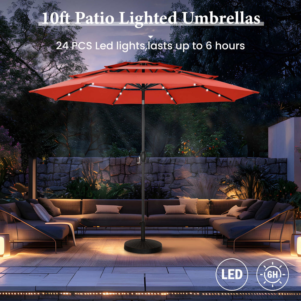 Summit Living 10ft Patio Umbrella with Solar Lights 3-Tier Vented Outdoor Market Umbrella with Auto-Tilt – Beige