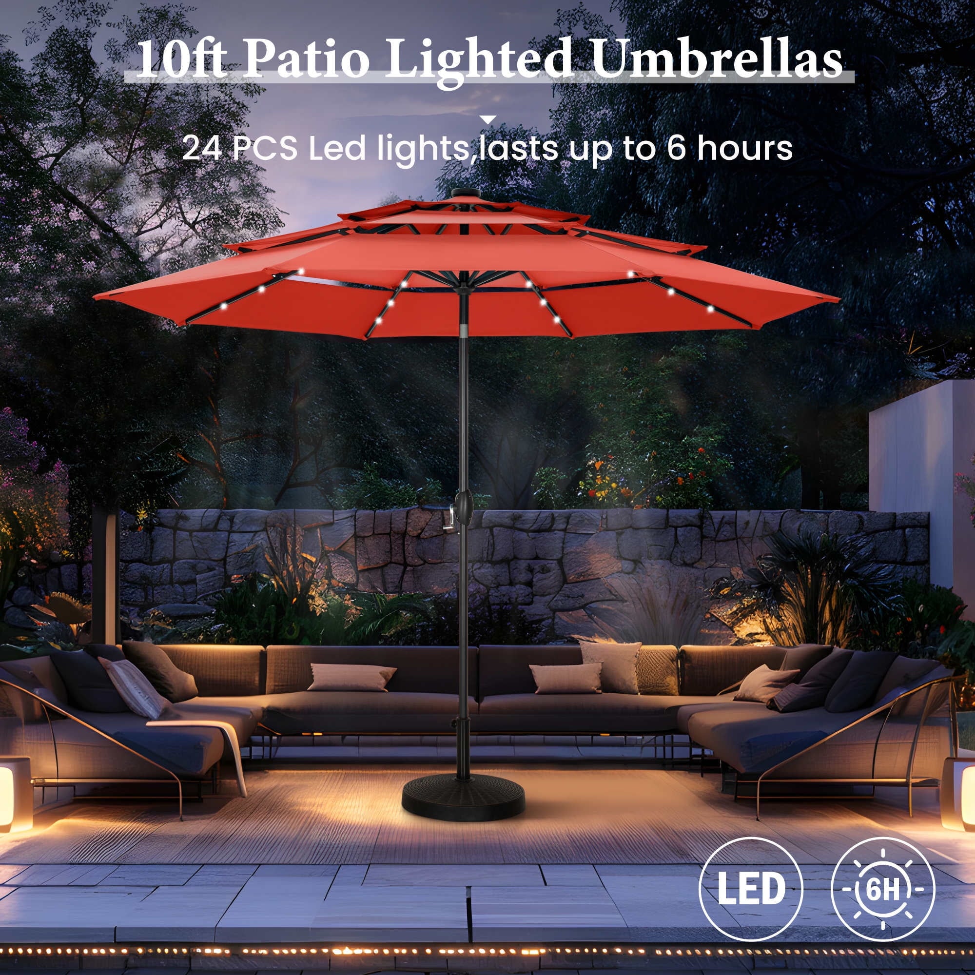 Summit Living 10ft Patio Umbrella with Solar Lights 3-Tier Vented Outdoor Market Umbrella with Auto-Tilt – Beige
