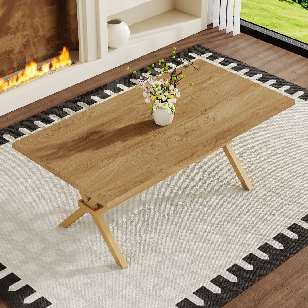 Modern 71 Wood Dining Table, Light Wood Grain MDF Top with X-Shaped Metal Legs, Seats 6-8 People, for Kitchen & Dining Room