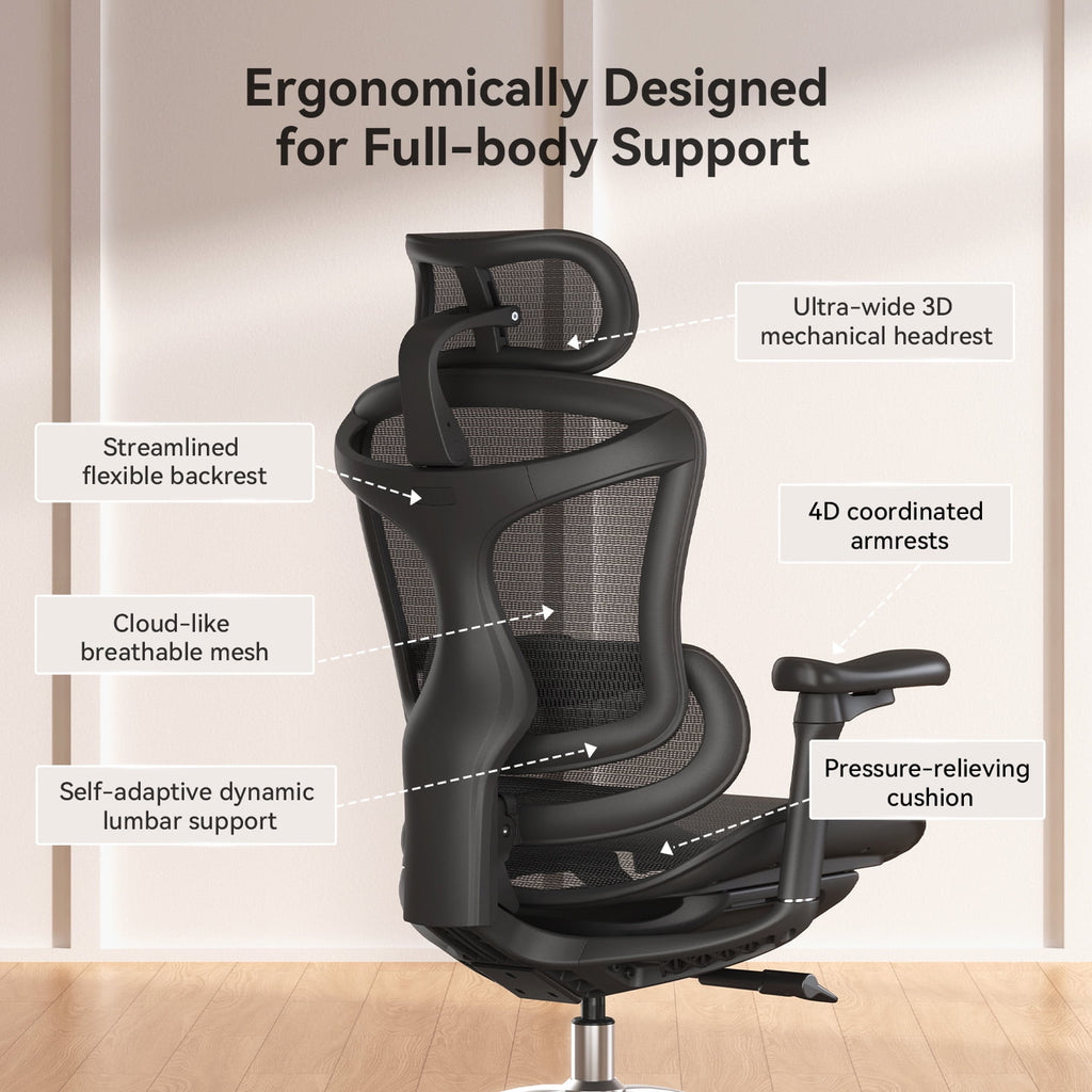Sihoo Doro C300 Ergonomic Office Chair with Headrest, Lumbar Support, Adjustable Backrest, 3D Armrests, Breathable Mesh, Height & Tilt Adjustment - Black
