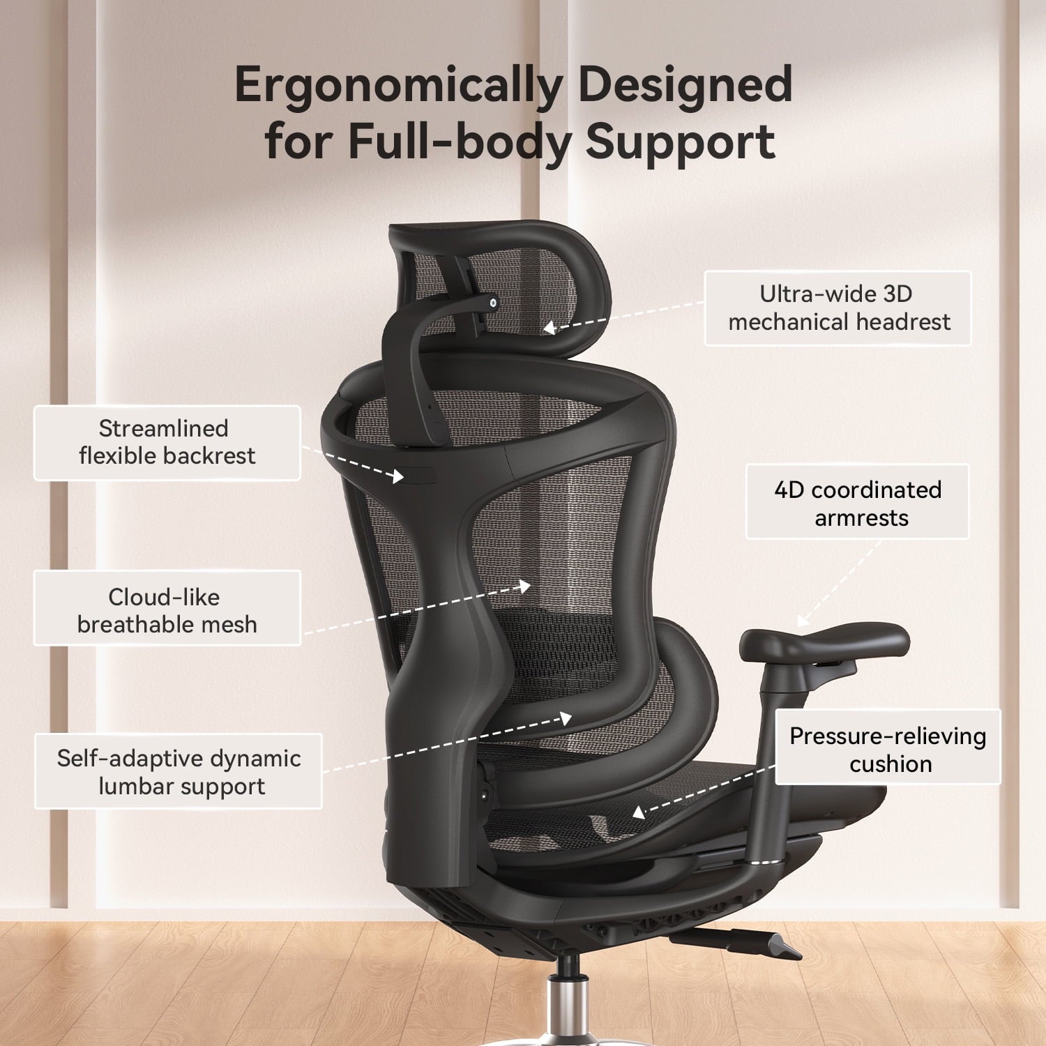 Sihoo Doro C300 Ergonomic Office Chair with Headrest, Lumbar Support, Adjustable Backrest, 3D Armrests, Breathable Mesh, Height & Tilt Adjustment - Black