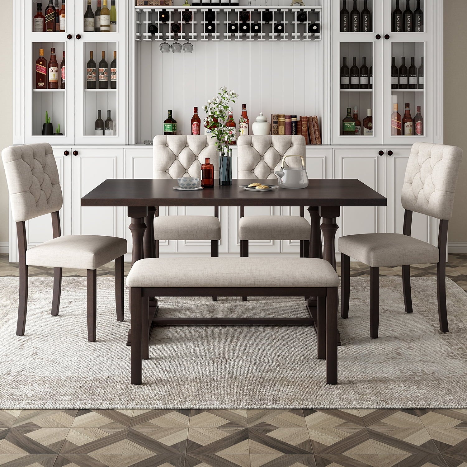 Harper & Bright Designs Dining Table Set for 6 with Bench Rectangular Table and 4 Upholstered Chairs for Kitchen, Gary