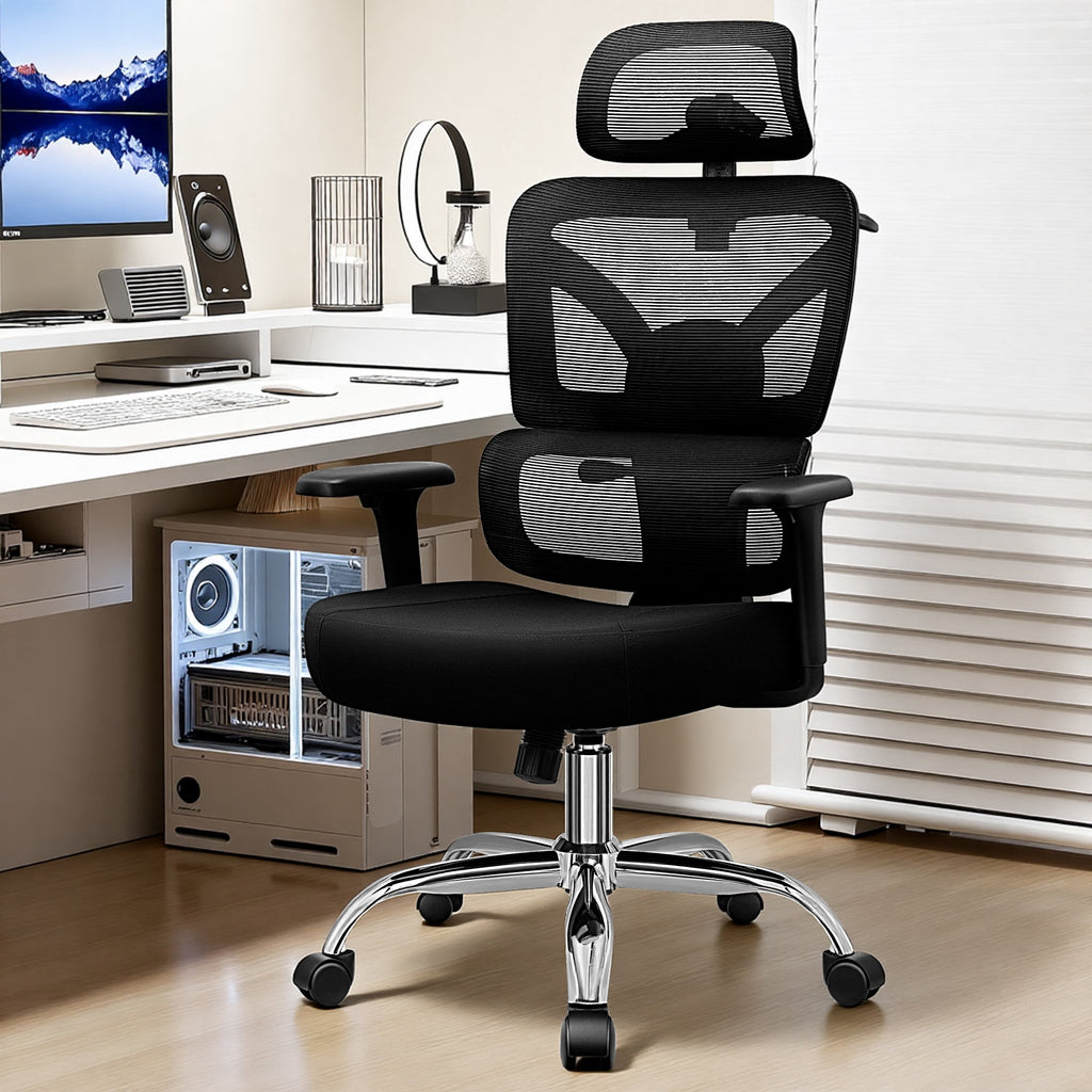 COOLHUT Ergonomic Mesh Office Chair with Footrest, Big and Tall Computer Desk Chair with Adjustable Lumbar Support, Headrest and Armrest, High Back Home Office Chair for Workspace, 300LBS, Black