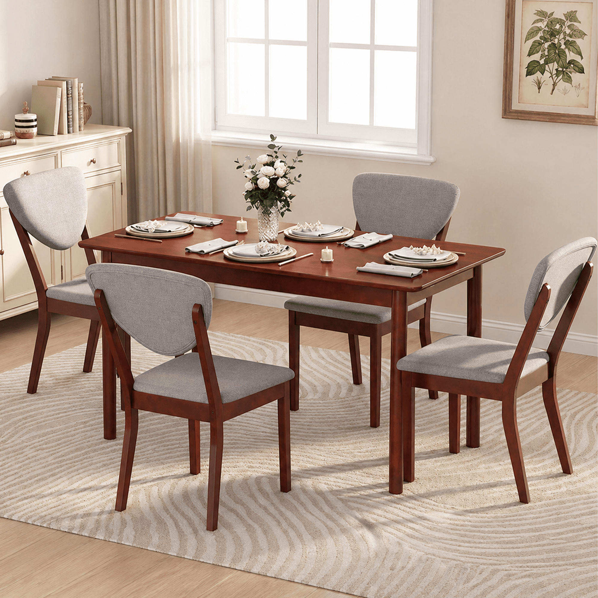 Noelse 5 Piece Dining Table Set for 4, Kitchen Table and Chairs Set with Upholstered Seats and Backrests, Wooden Frame for Kitchen Dining Room