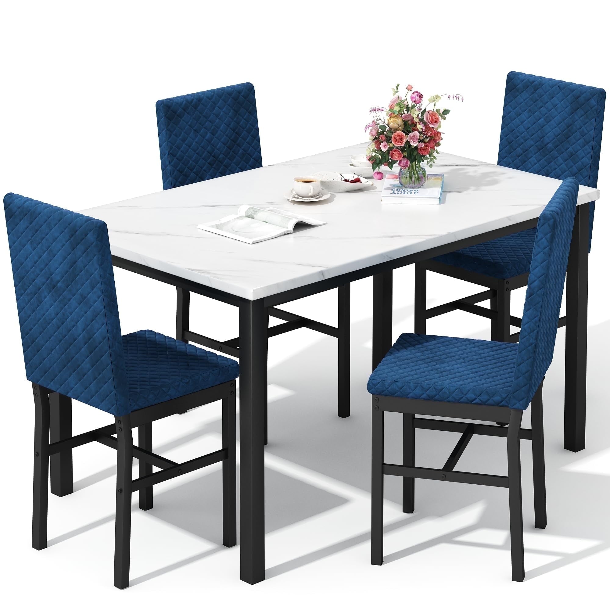 Baxluxe Dining Table Set for 4, Modern 5 Piece Dining Table Set, Faux Marble Kitchen Table and 4 Velvet Upholstered Chairs for Apartments, Dining Rooms, Small Spaces, Gray