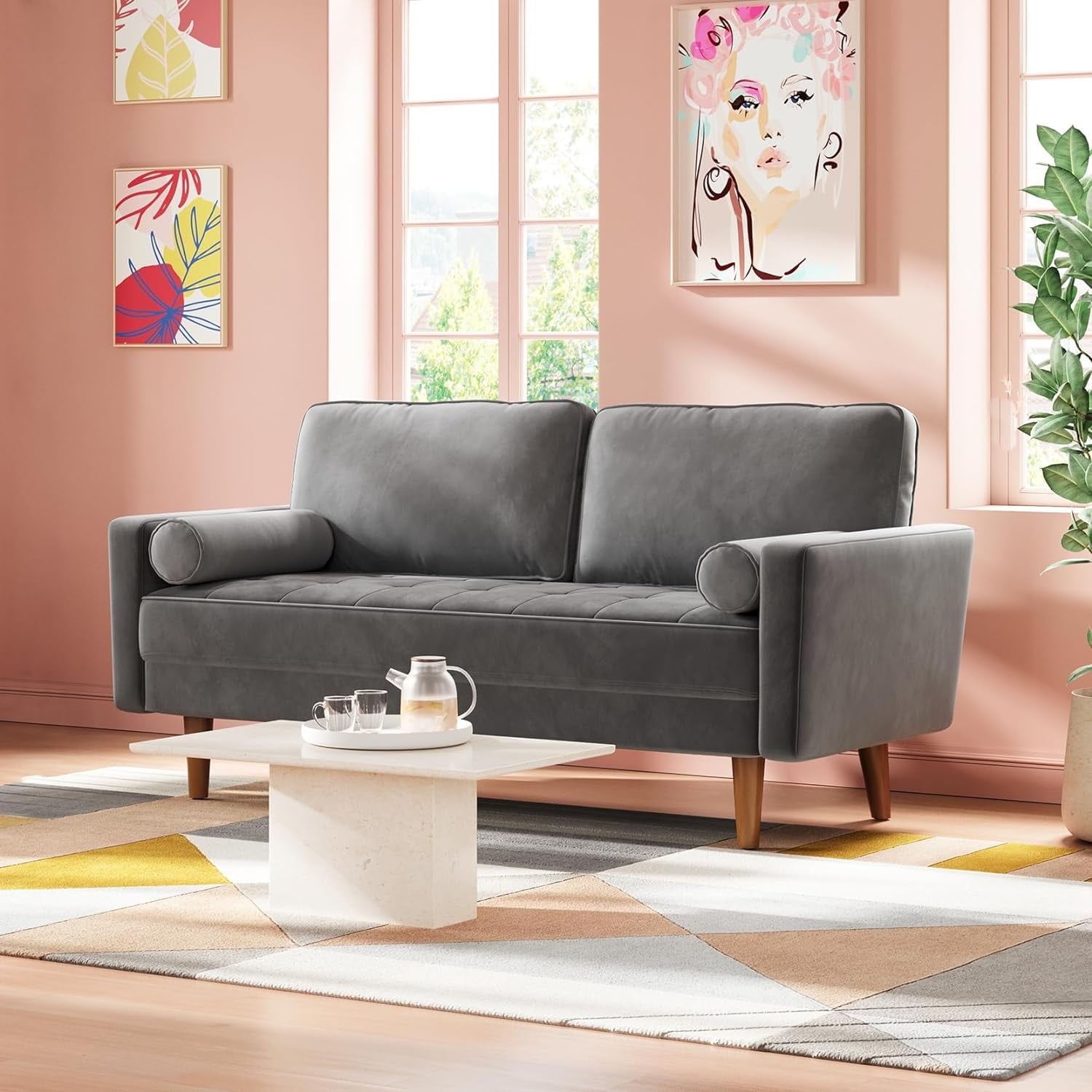 Neche Sofa for Living Room,Solid Wood Foot, 2 Seater Small Modern Loveseat Couch in a Box  - Black