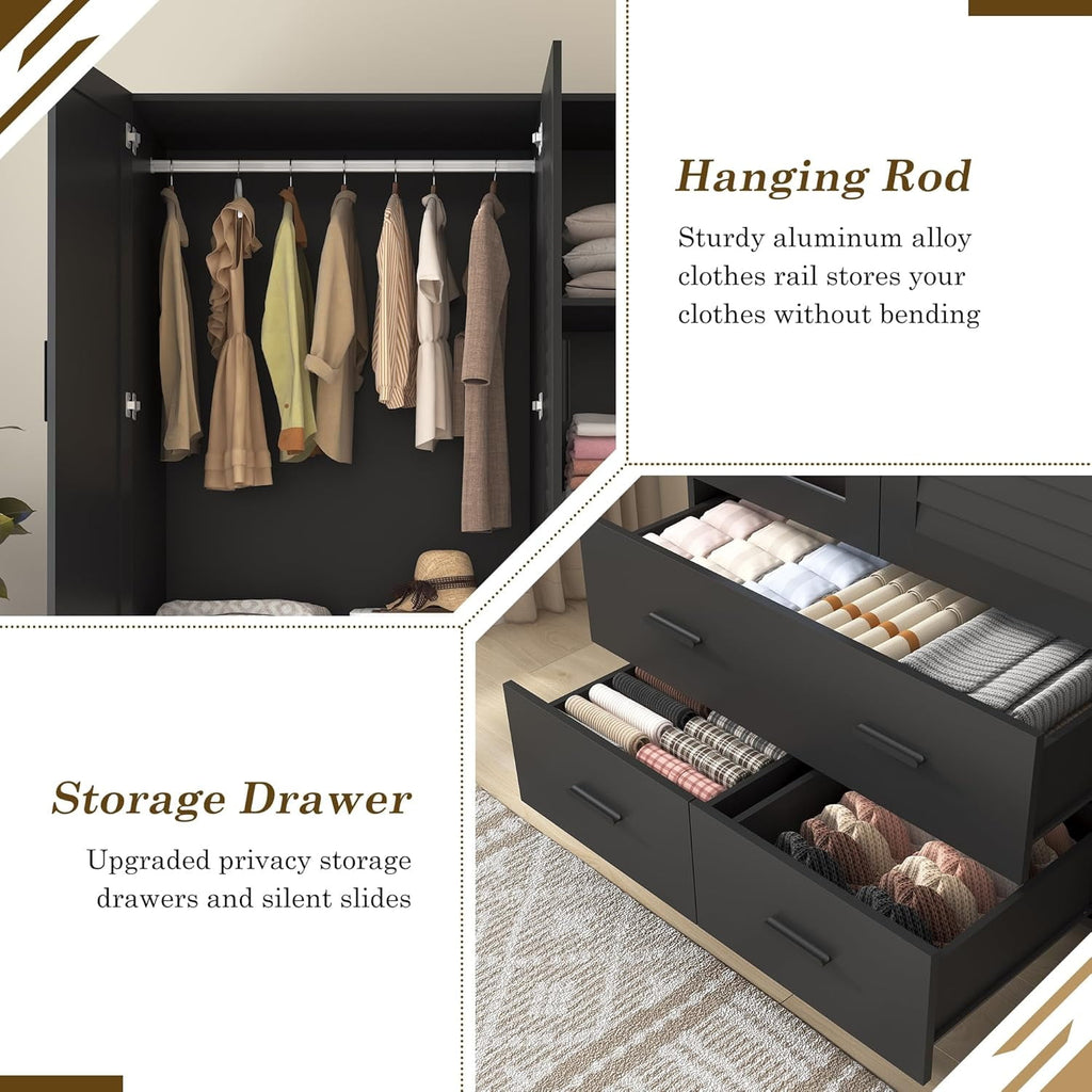 Blotout 70 Armoire Wardrobe Closet with Mirror & LED Lights, LED White Louver Door Wardrobe Armoire with 3 Drawers & Hanging Rods, Large 3 Doors Armoire Storage with Multi-Layer Shelves