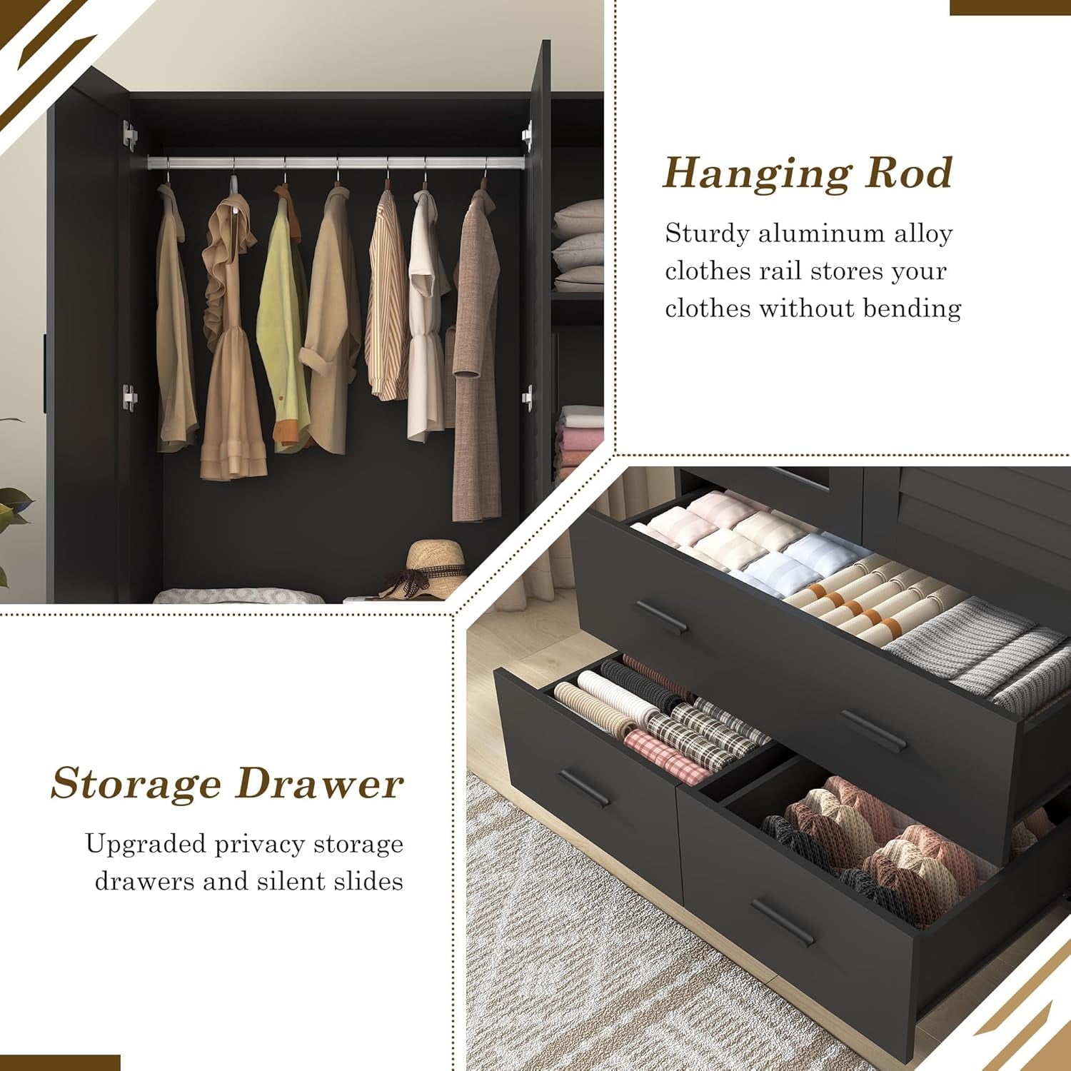Blotout 70 Armoire Wardrobe Closet with Mirror & LED Lights, LED White Louver Door Wardrobe Armoire with 3 Drawers & Hanging Rods, Large 3 Doors Armoire Storage with Multi-Layer Shelves