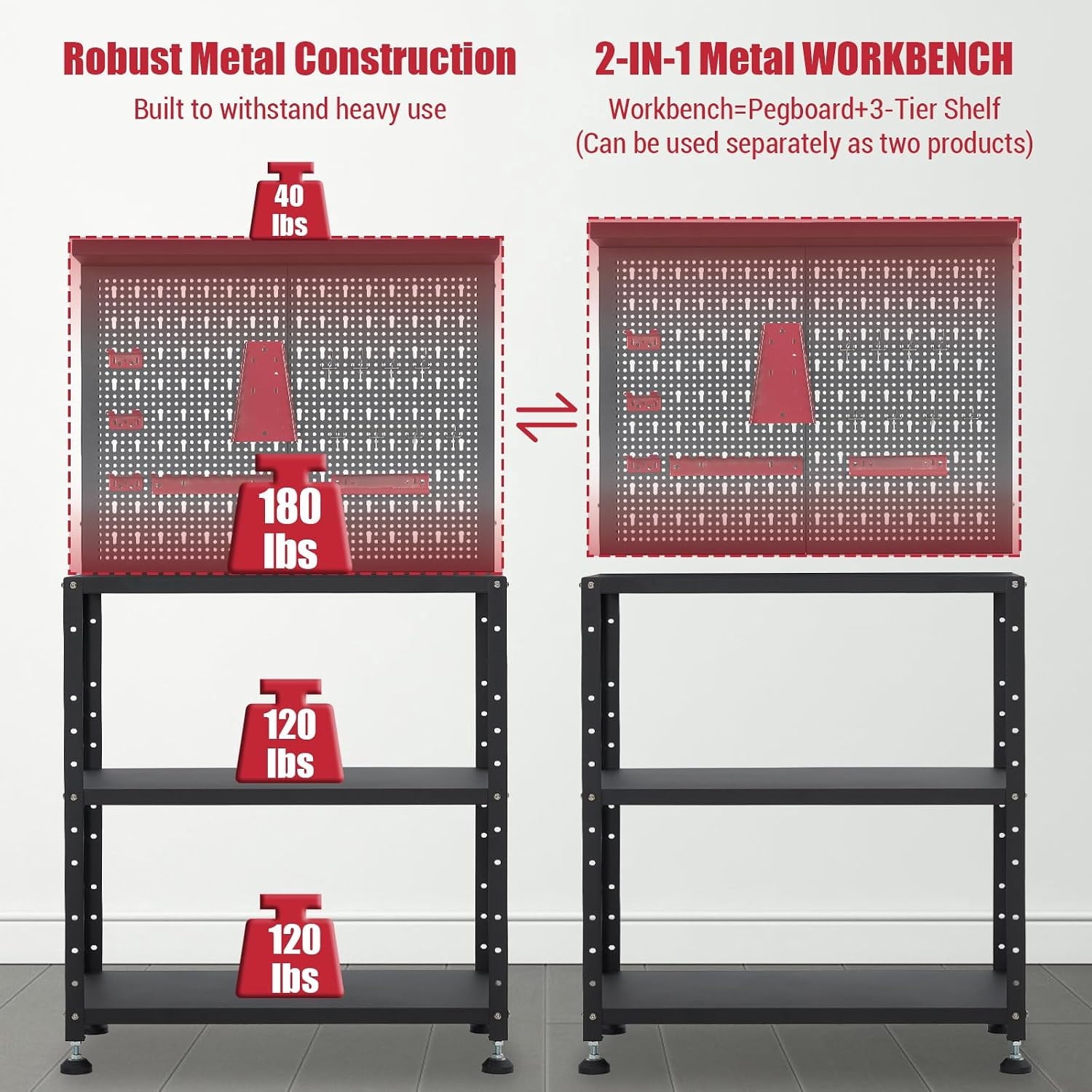 32x60 In Heavy Duty Steel Workbench 430 lb Capacity Garage Workbench with Pegboard Adjustable Shelves and Leveling Feet