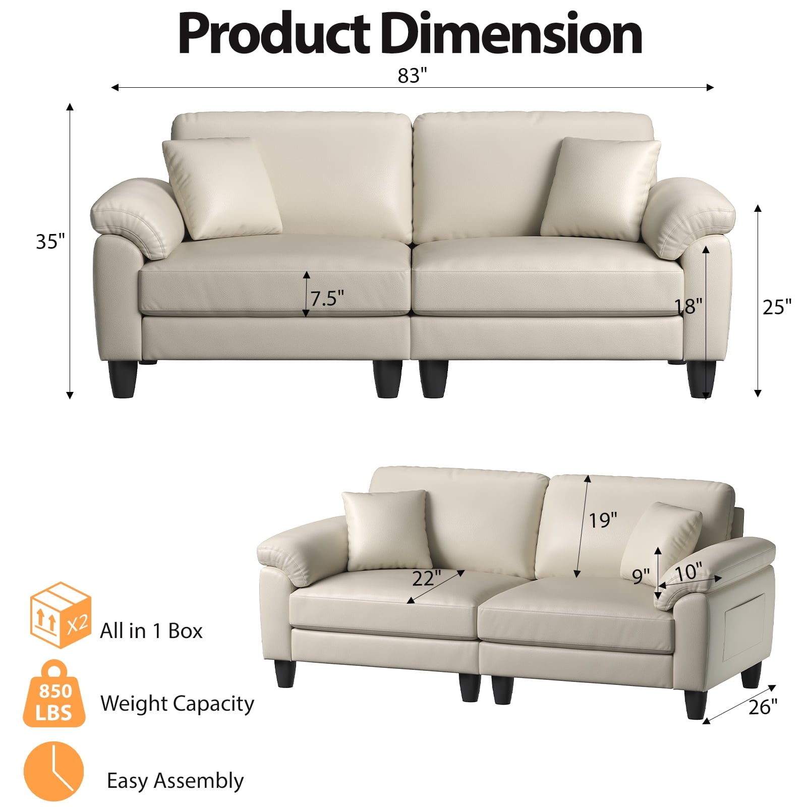 83 Couch Premium PU Leather Sofa, Comfy Extra Deep Seat 3 Seater Couch for Living Room, Oversized Loveseat with 2 Pillows, Beige