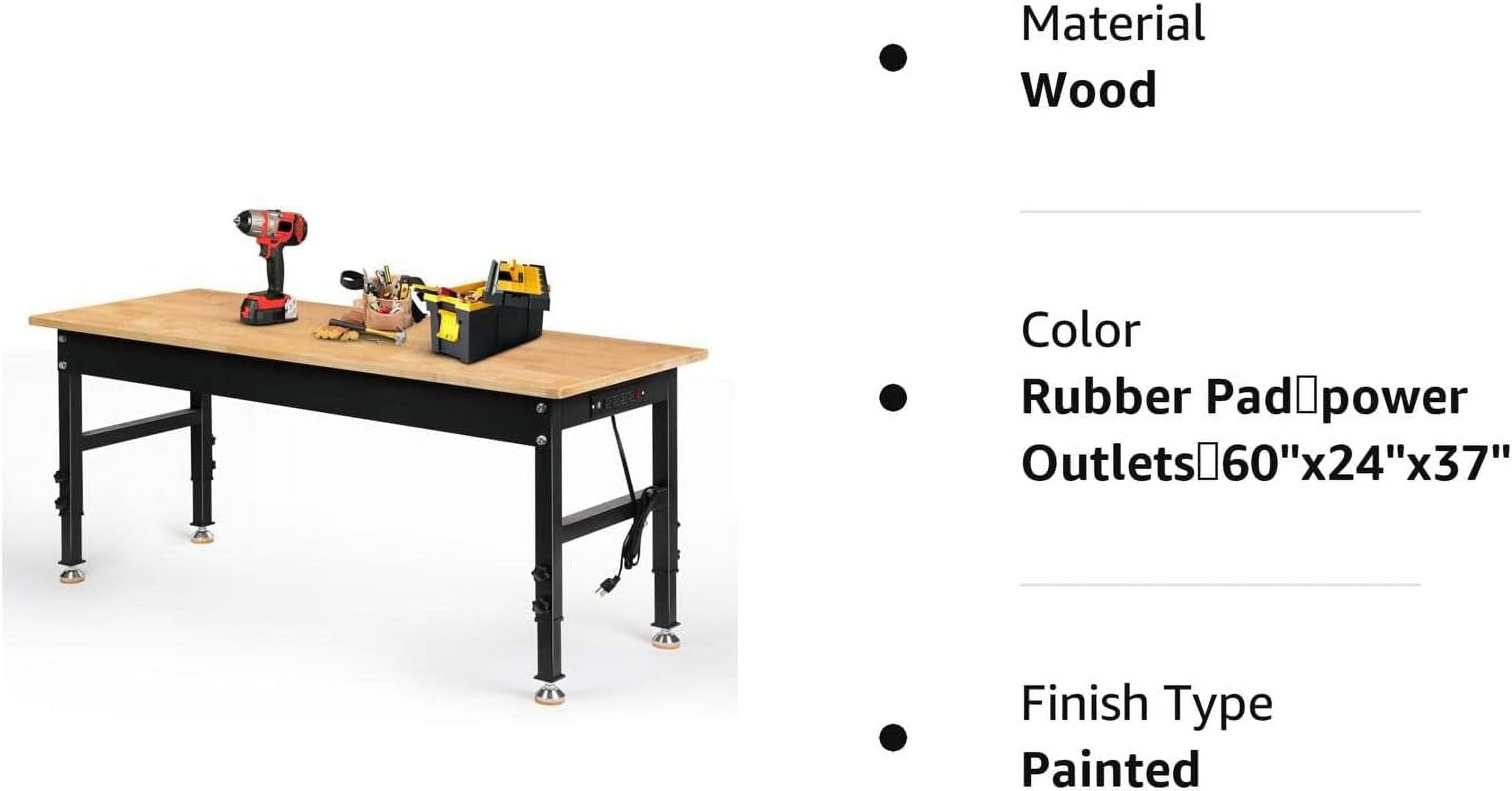 Tolead 60 Heavy-Duty Adjustable Workbench with Power Outlets, Rubber Wood Shop Table, Metal Wheels, Workstation