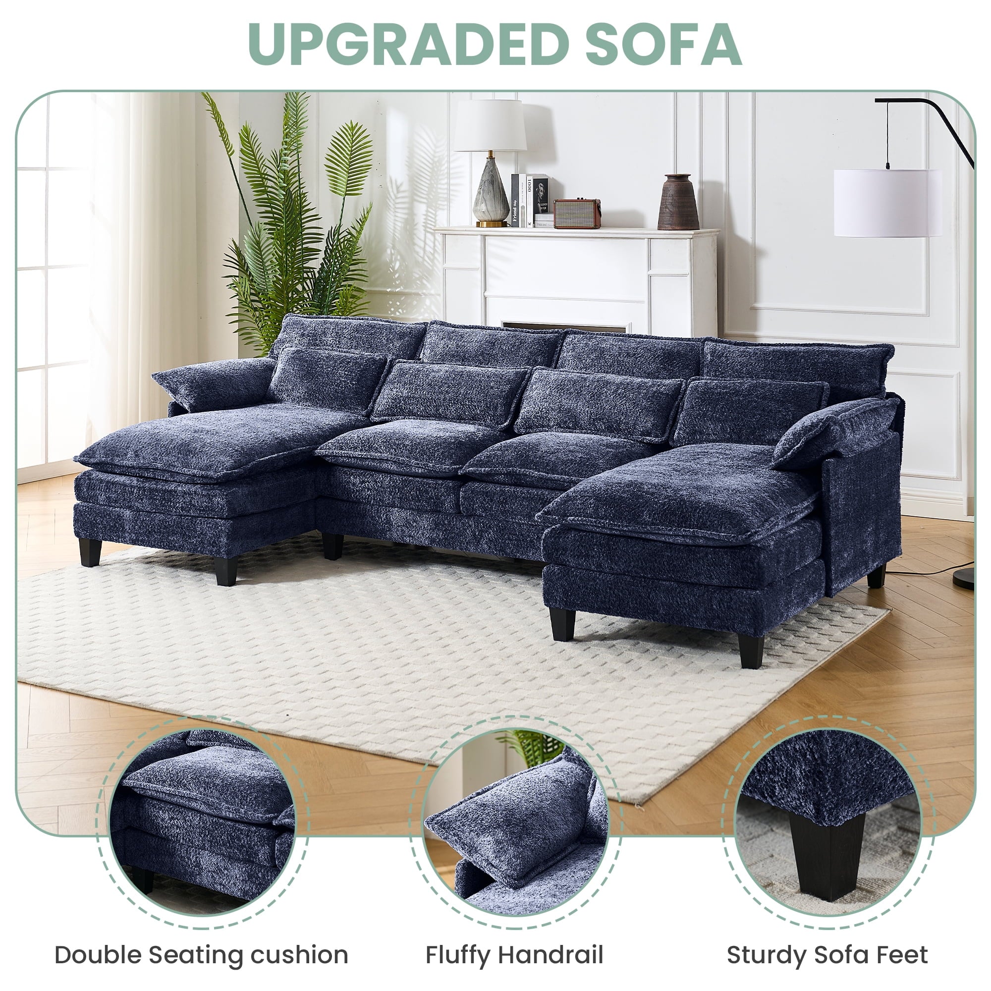 JONPONY109.45 U Shaped Couch,Oversized 4 Seat Sectional with 4 Waist Pillows, Convertible Upholstery Symmetrical Sofá,Sleeper Sofa Couch with Double Chaise Lounge &Memory Foam for Living Room, Beige