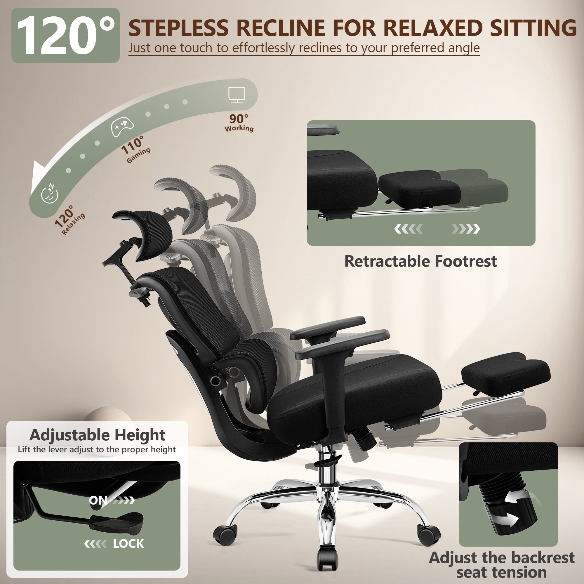 COOLHUT Ergonomic Mesh Office Chair with Footrest, Big and Tall Computer Desk Chair with Adjustable Lumbar Support, Headrest and Armrest, High Back Home Office Chair for Workspace, 300LBS, Black