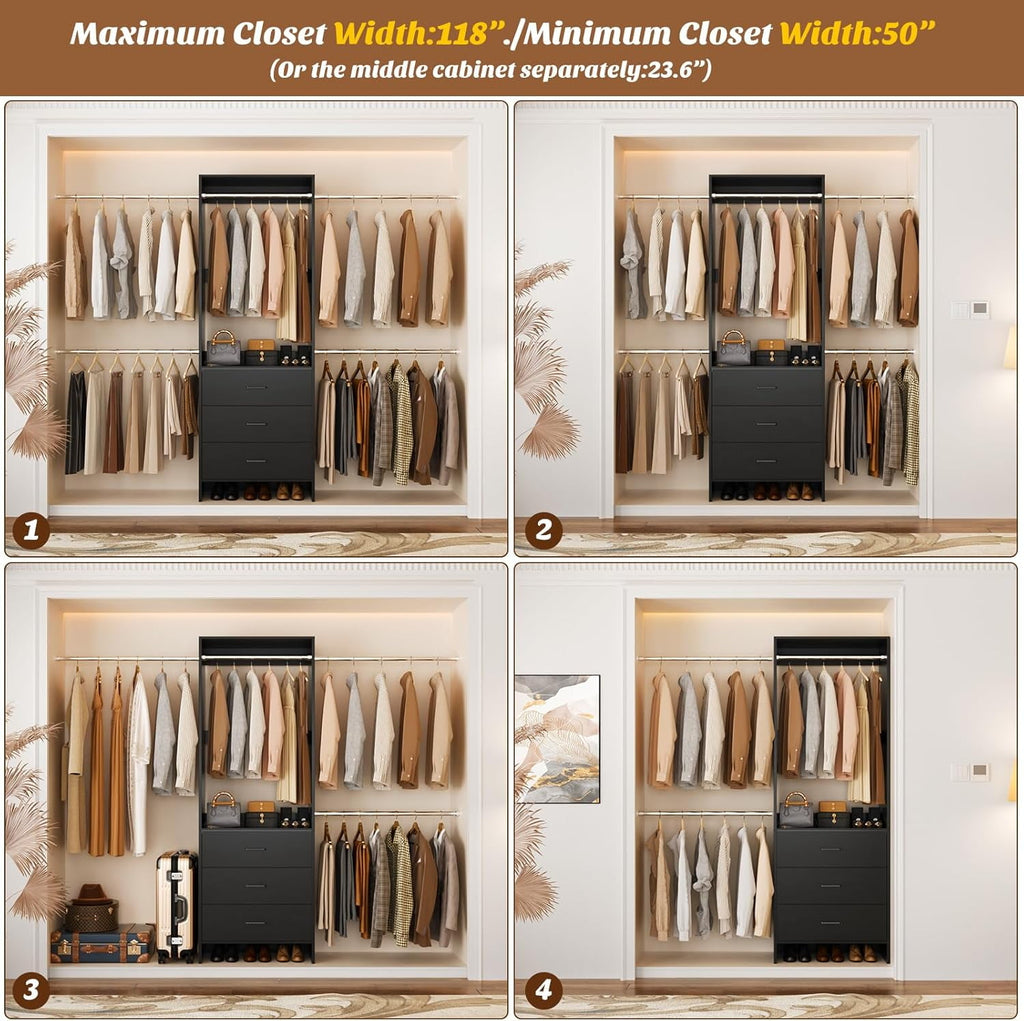 Homieasy Closet System, Closet Organizer with 3 Wooden Drawers, Walk-in Closet Wardrobe Clothes Rack with 4 Hanging Rods, Garment Rack, White