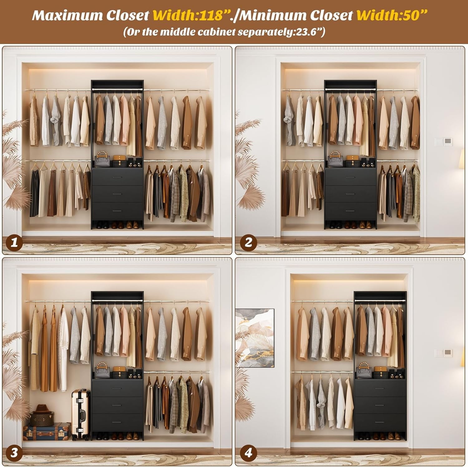 Homieasy Closet System, Closet Organizer with 3 Wooden Drawers, Walk-in Closet Wardrobe Clothes Rack with 4 Hanging Rods, Garment Rack, White