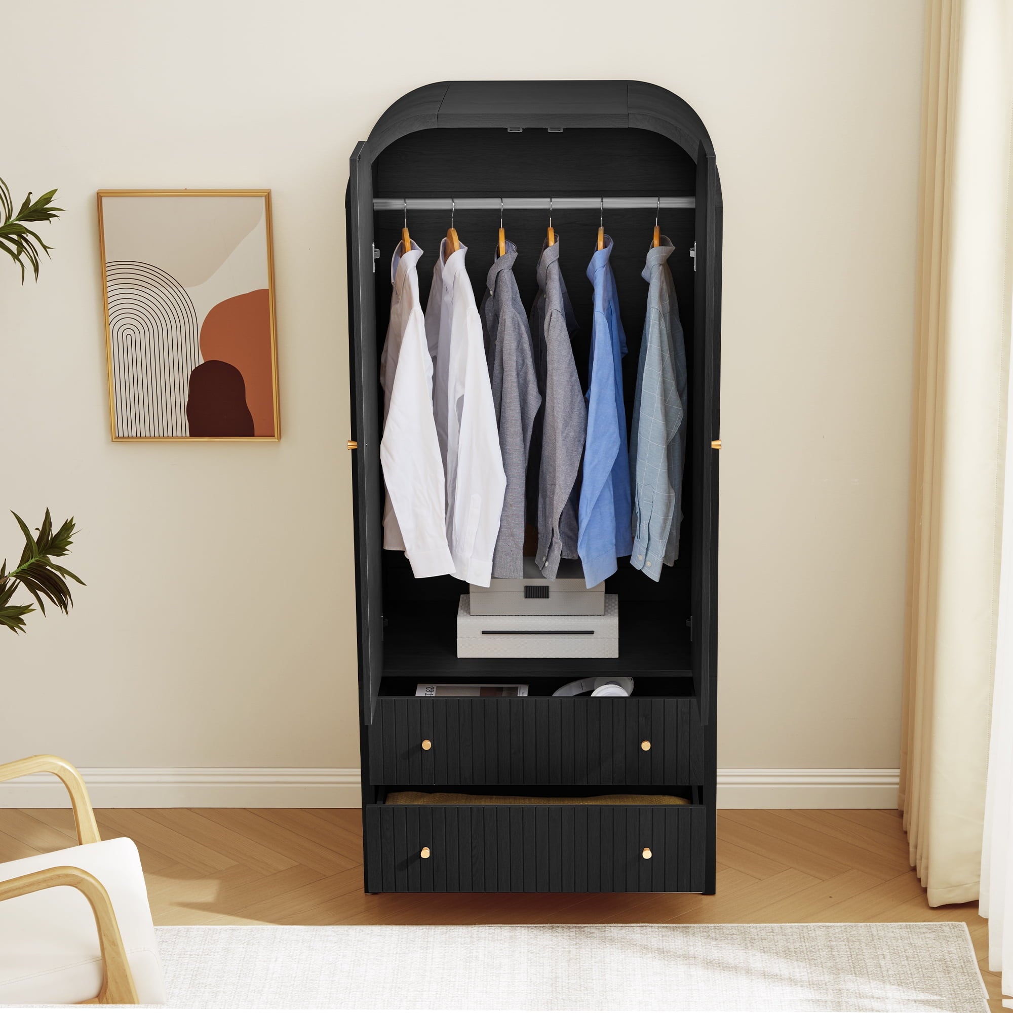 Wirrytor Freestanding Wooden Armoire Wardrobe with 2 Woven Doors and Storage Drawers, Space-Saving Closet Cabinet for Bedroom, Sturdy Mdf Board Closet with Hanging Rail