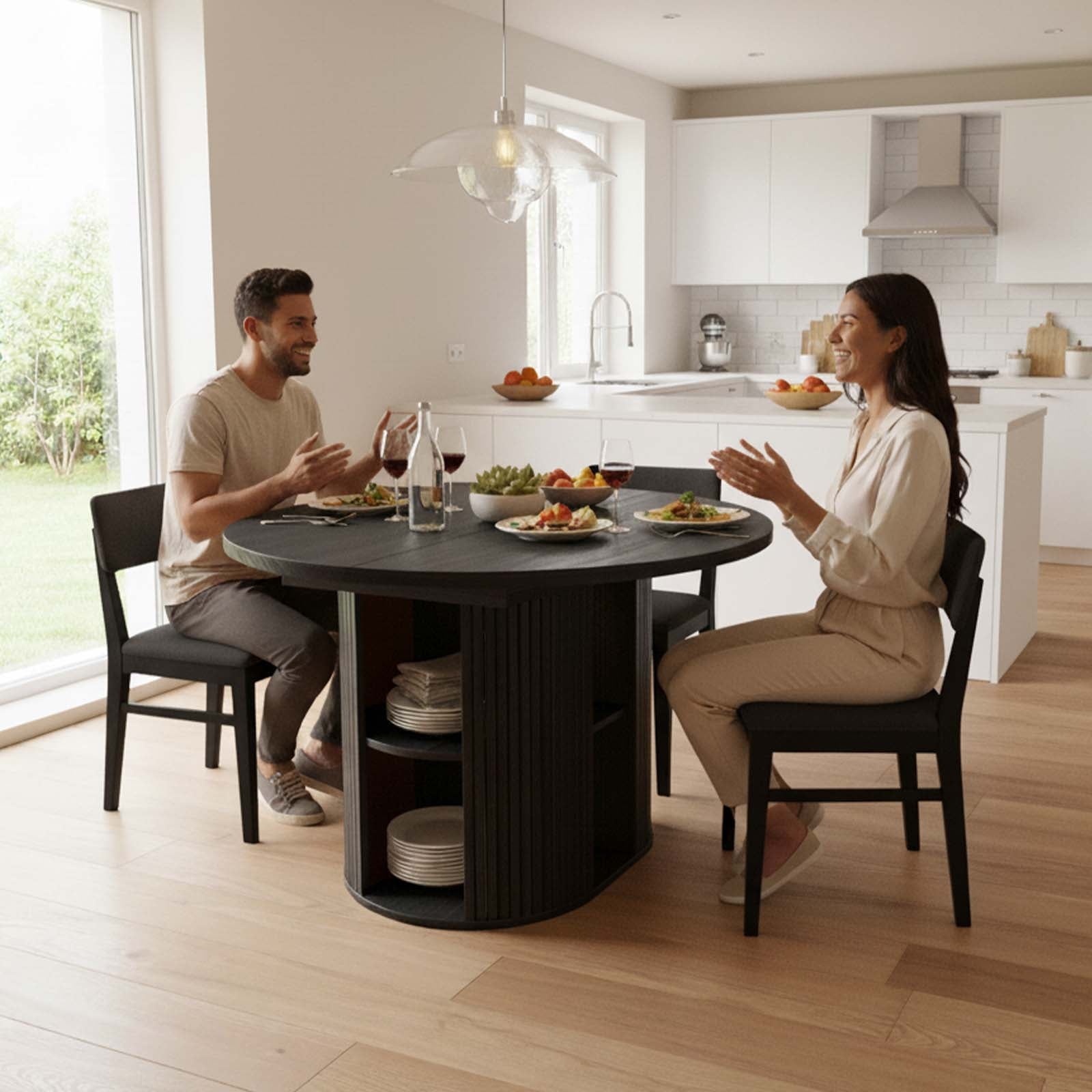 Advwin 59 Extendable Round Dining Table for 4–8, Modern Wood Oval Kitchen Table with Storage Shelf, Space-Saving Expandable Circle Dinner Table for Dining Room, Black
