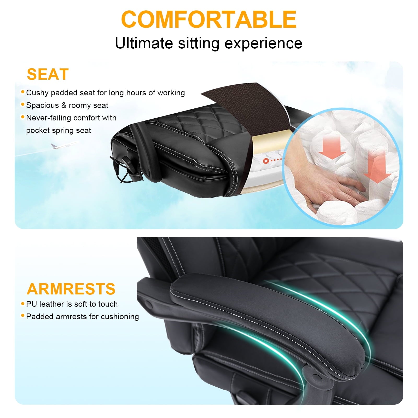HOMREST Ergonomic Office Chair with 6-Point Massage & Heating, Adjustable Executive Desk Chair with Retractable Footrest, PU Leather Home Office Desk Chair for Home & Office (Black)