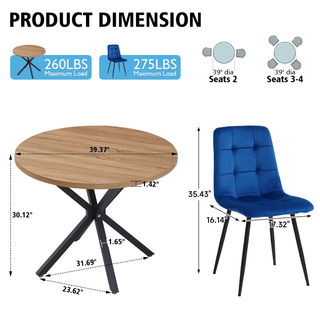 5 Piece 39 Round Dining Table Set for 4, Mid Century Kitchen Table with 4 Khaki Fabric Upholstered Dining Chairs for Apartment Living Room, Space Saving Table.