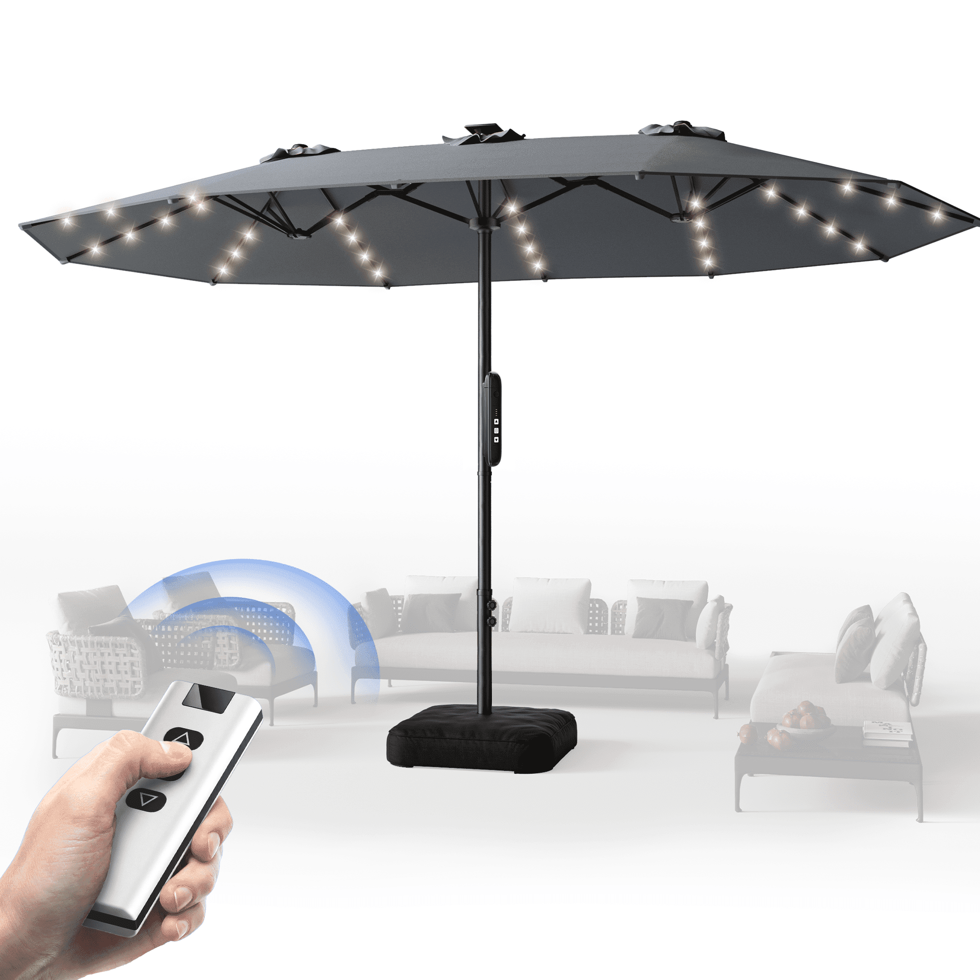 15ft Smart Electric Patio Umbrella, Large Double Sided Rectangular Outdoor Patio Umbrella with Light and Base for Lawn, Garden, Backyard,Beige