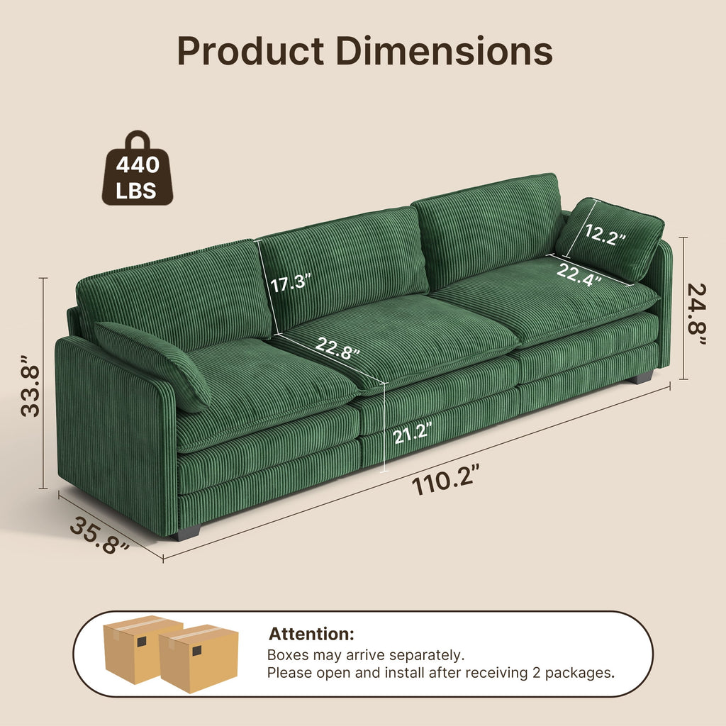75’’ Cloud Couches for Living Room, Noelse L Shaped Modular Sofa with Deep Seats, 2 Seater Love Seat Couch with Removable Washable Corduroy Fabric for Living Room Bedroom and Apartment, Gray