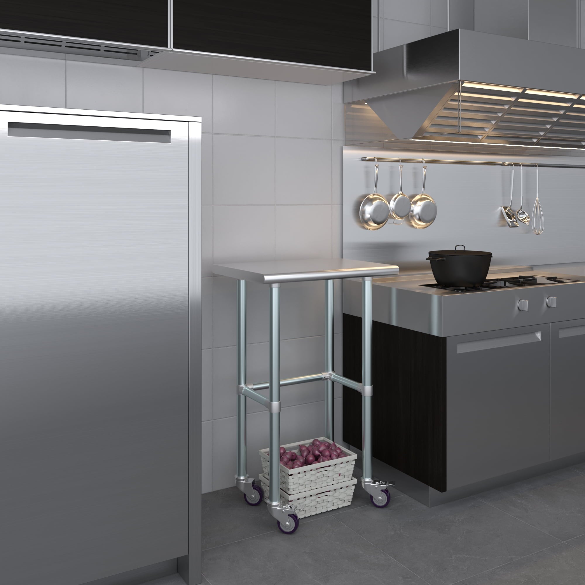 AmGood 36 Long x 30 Deep Stainless-Steel Work Table with Open Base and Wheels, Mobile Metal Table