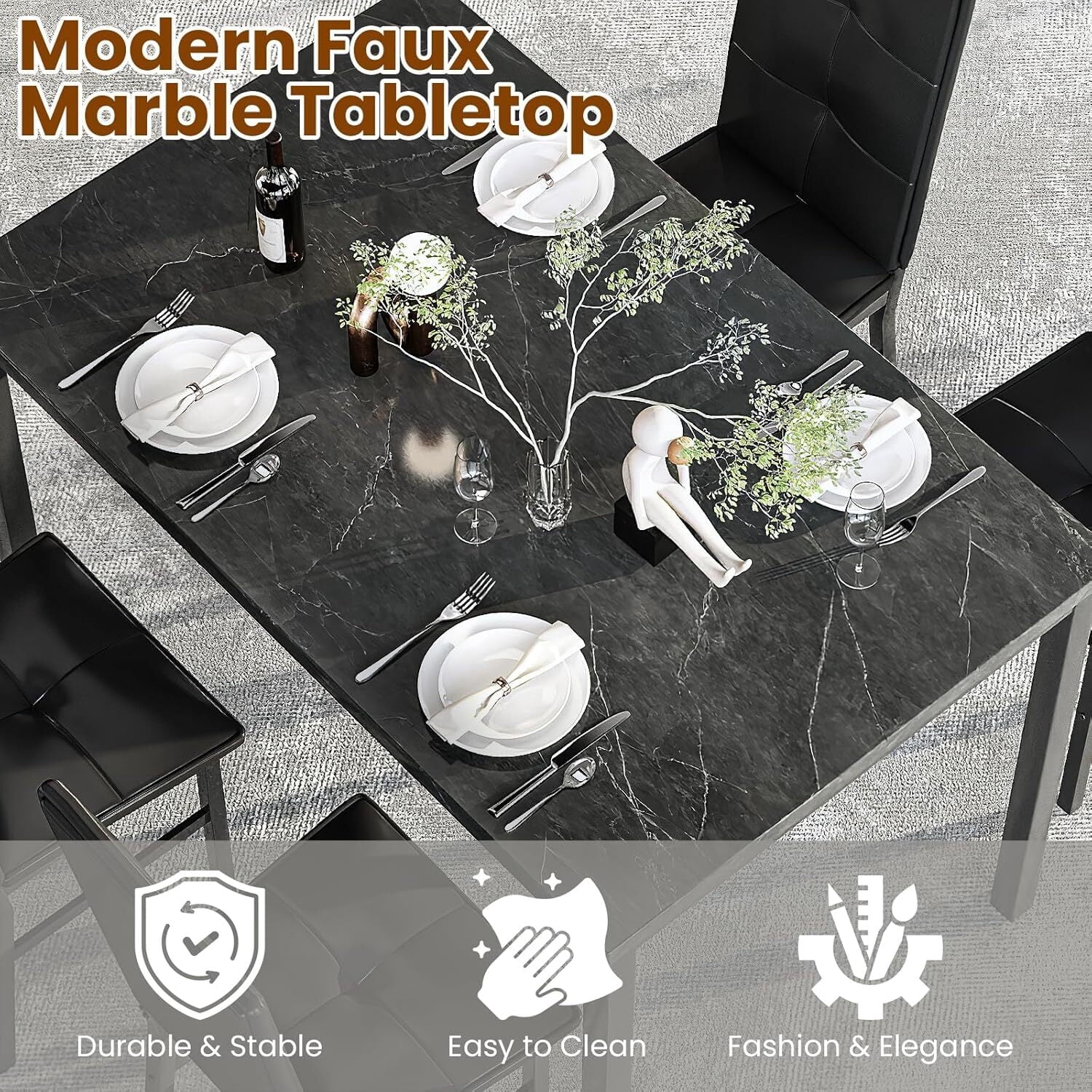 MOOSENG Dining Table Set for 4, Faux Marble Kitchen Table and Chairs Set of 4, 5-Piece Dining Room Set with PU Leather Upholstered Chairs for Small Space, Gray